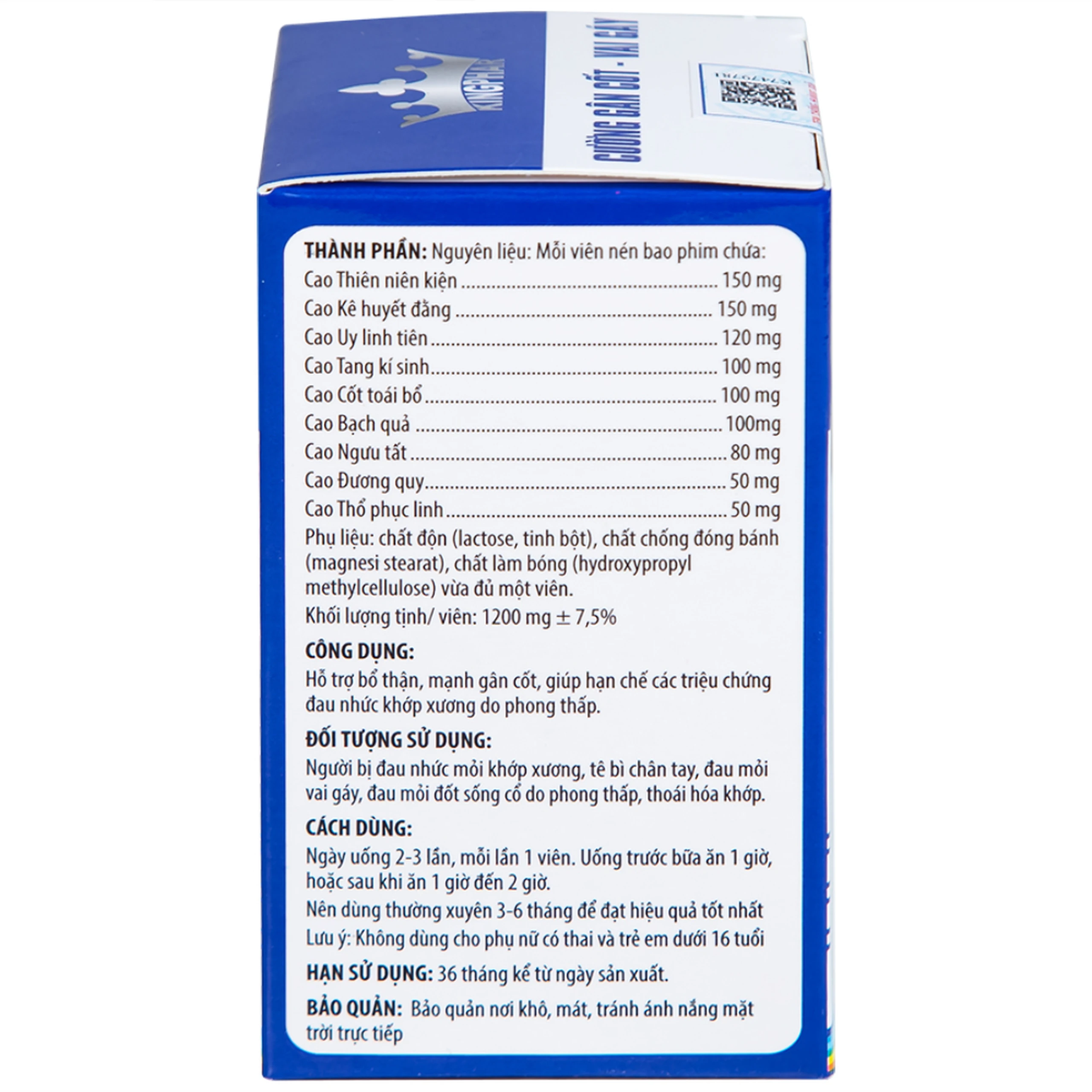 Viên uống hỗ trợ bổ thận, giúp hạn chế đau nhức khớp xương do phong thấp Cường Gân Cốt - Vai Gáy Kingphar (60 viên)