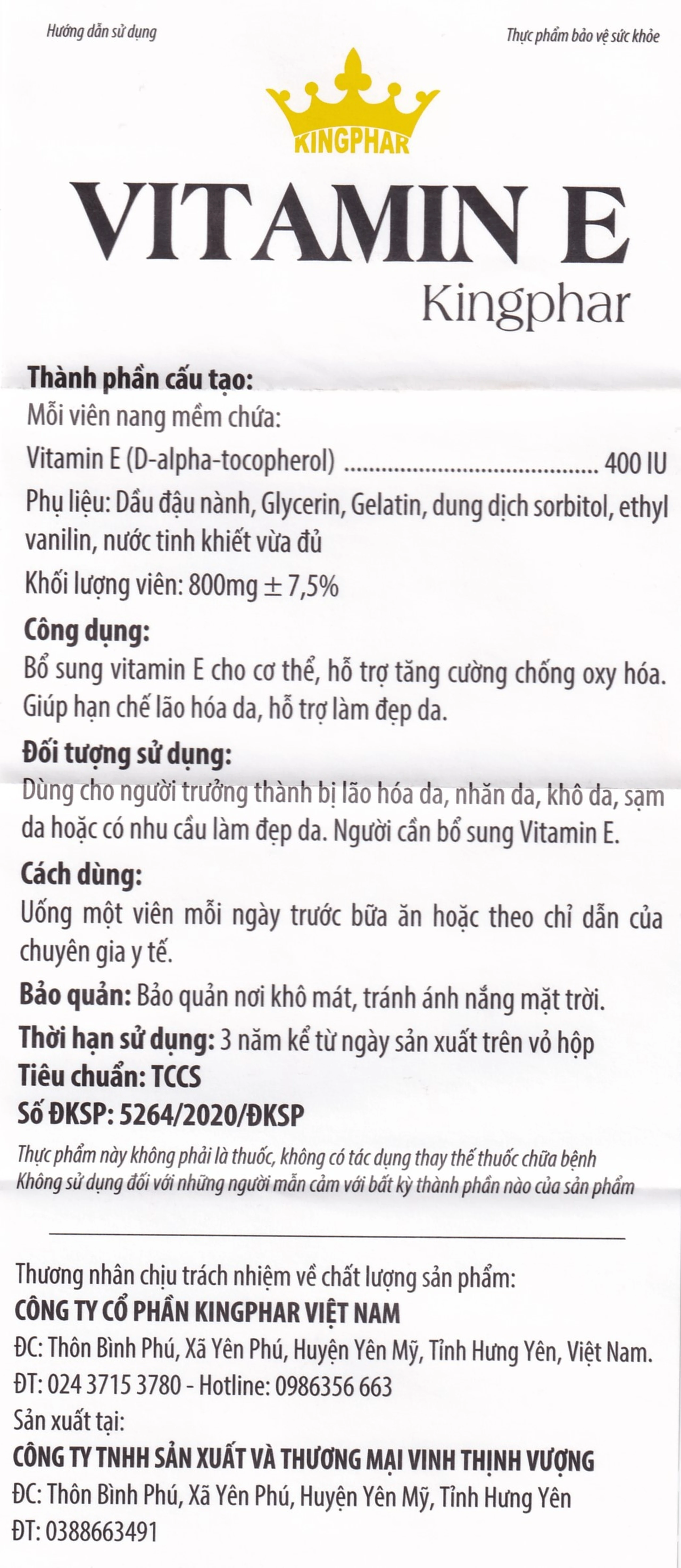 Viên uống bổ sung vitamin E hỗ trợ chống oxy hóa Vitamin E Kingphar (4 vỉ x 10 viên)