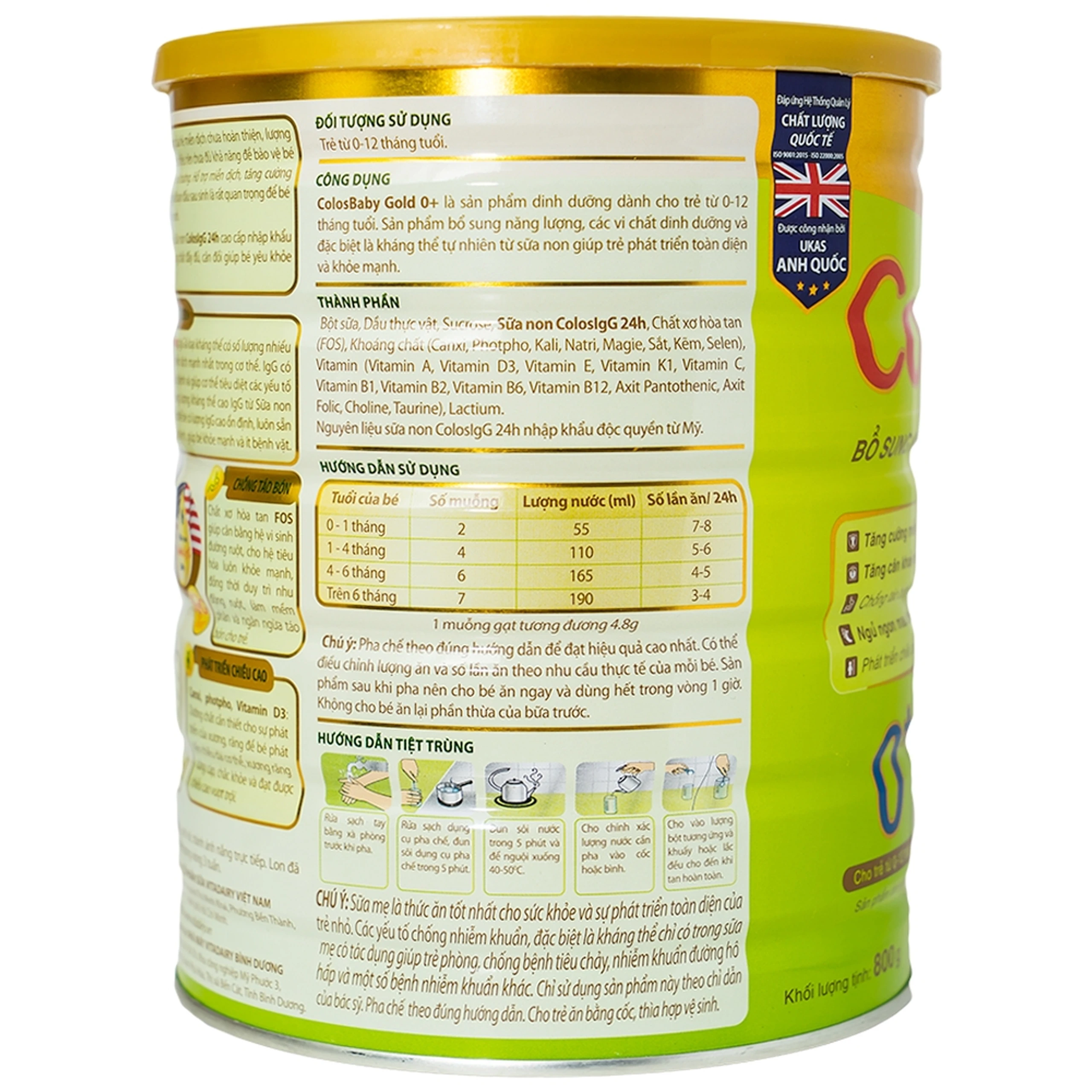 Sữa bổ sung kháng thể IgG tự nhiên cho trẻ từ 0 - 12 tháng ColosIgG 24h Vitadairy Colosbaby Gold(800g)