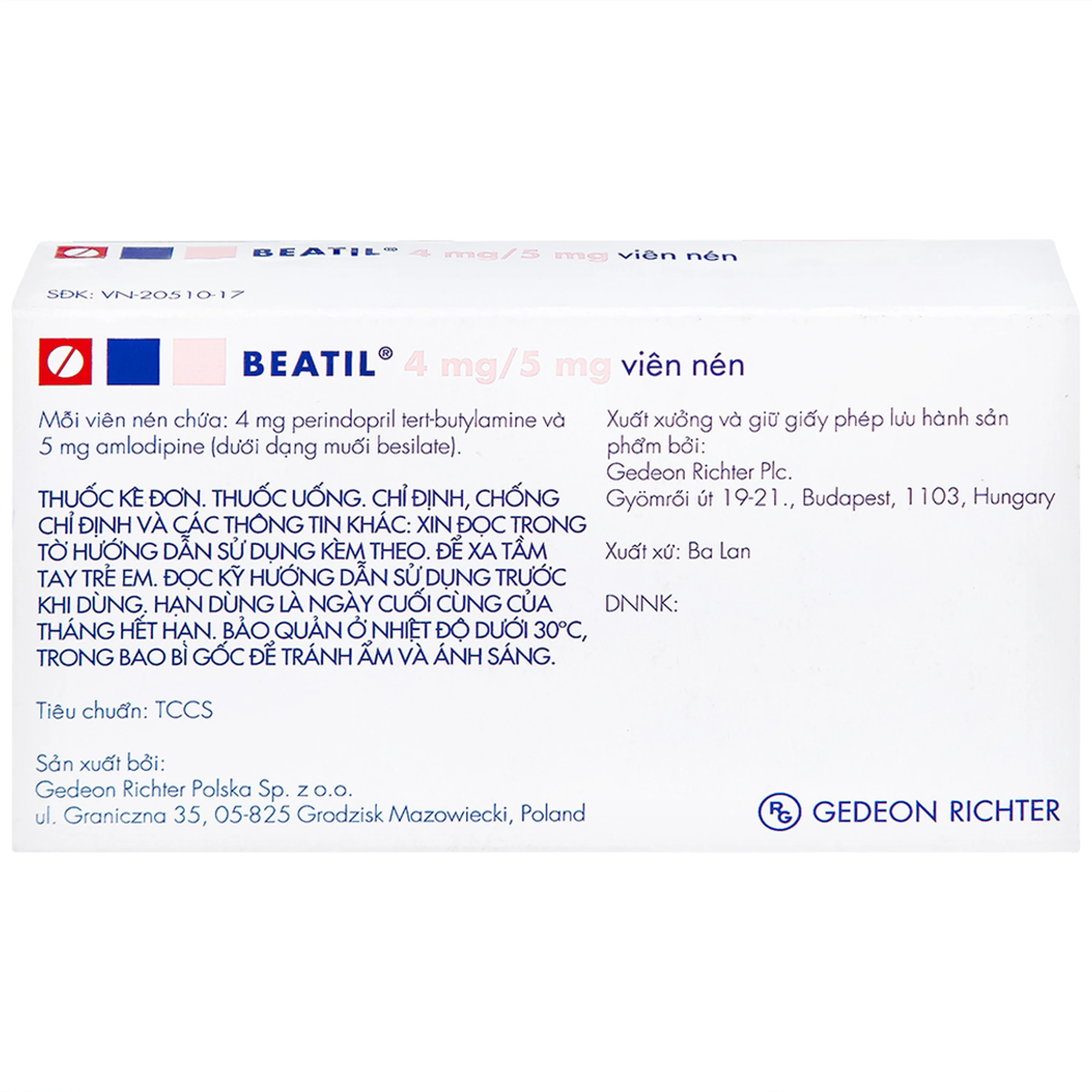 Thuốc Beatil 4mg/5mg Gedeon điều trị tăng huyết áp vô căn, bệnh mạch vành ổn định (3 vỉ x 10 viên)