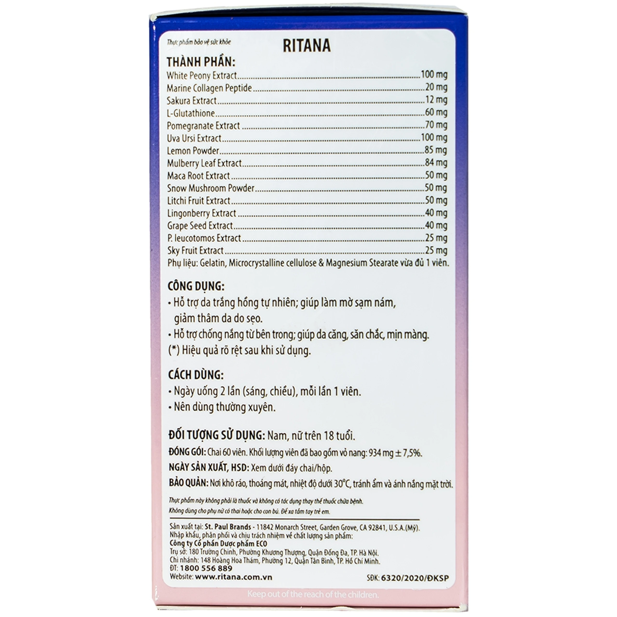 Viên uống hỗ trợ da trắng hồng tự nhiên Ritana (60 viên)