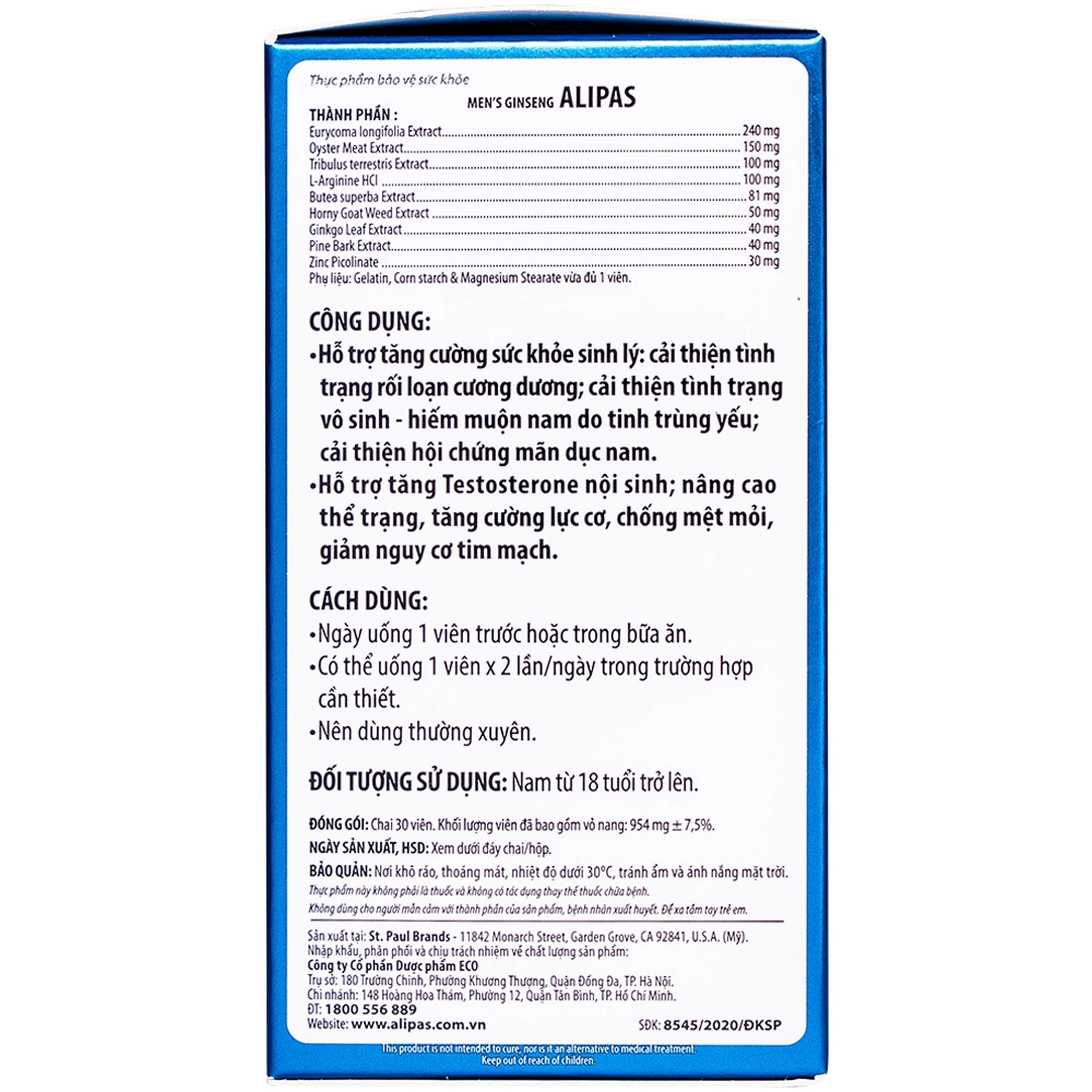 Viên uống tăng cường sinh lực phái mạnh Ecogreen Men’s Ginseng Alipas (30 viên)