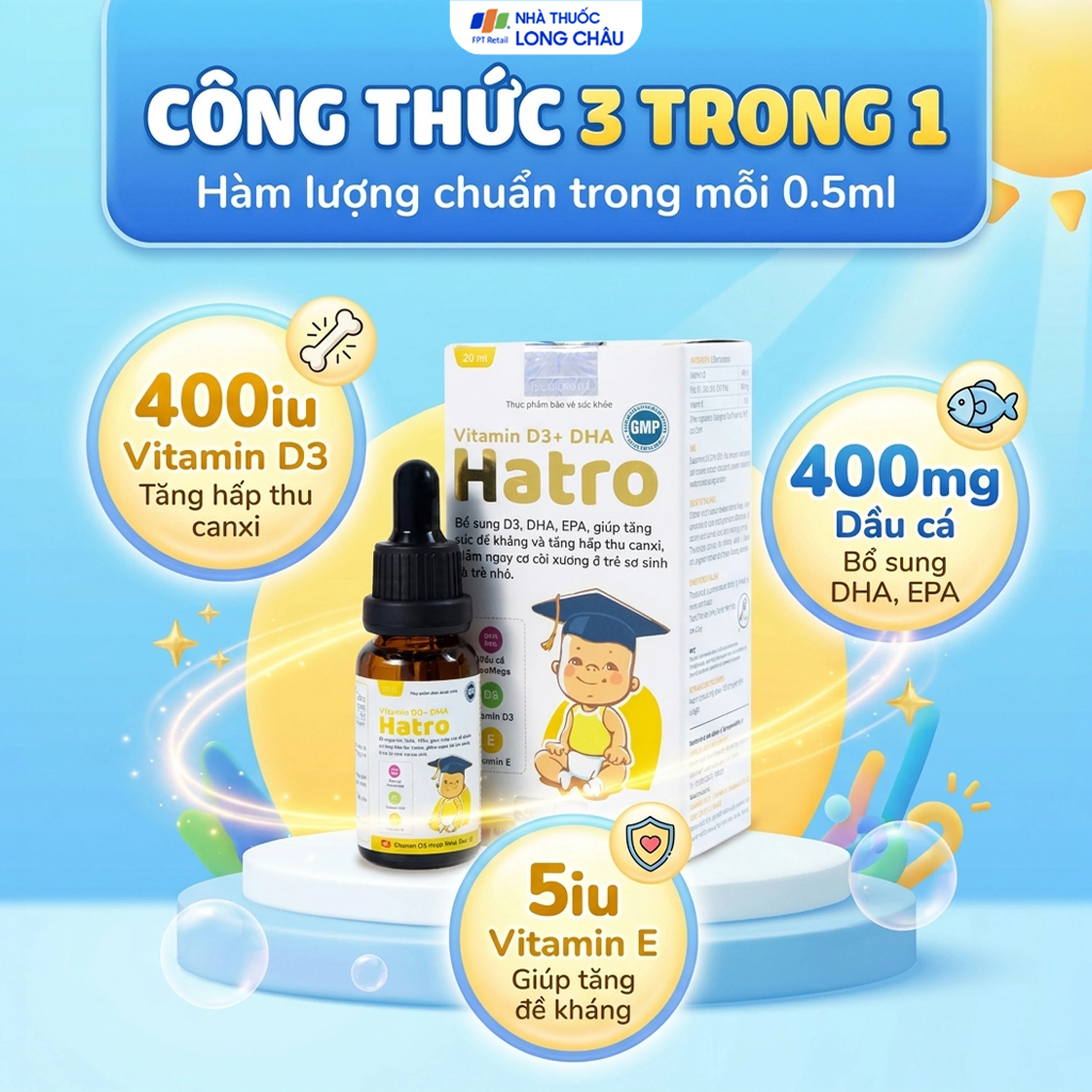 Dung dịch bổ sung Vitamin D3, DHA, EPA tăng đề kháng, giảm nguy cơ còi xương Vitamin D3+ DHA Hatro (20ml) 3