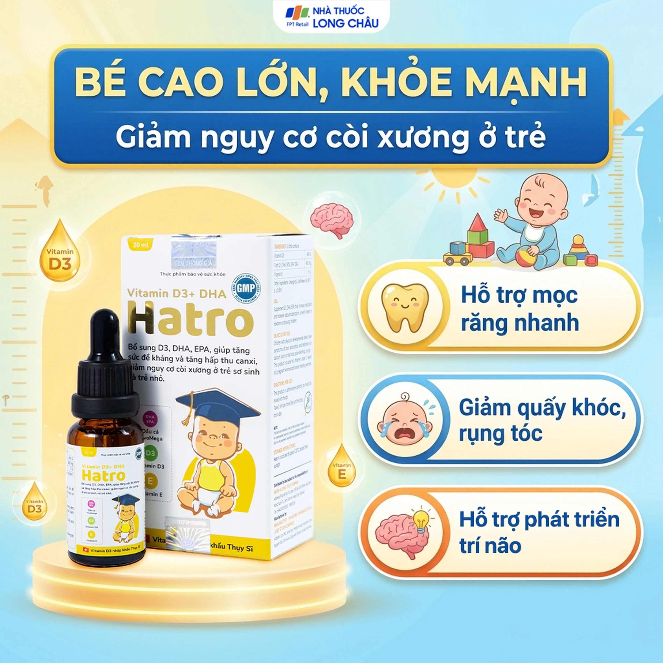 Dung dịch bổ sung Vitamin D3, DHA, EPA tăng đề kháng, giảm nguy cơ còi xương Vitamin D3+ DHA Hatro (20ml) 4