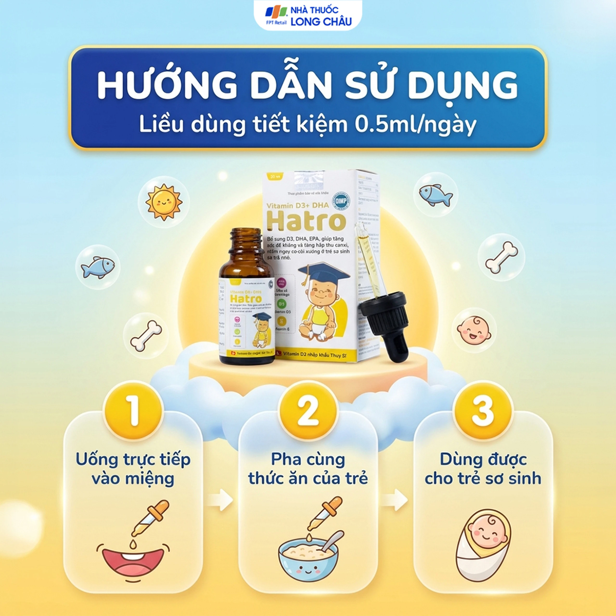 Dung dịch bổ sung Vitamin D3, DHA, EPA tăng đề kháng, giảm nguy cơ còi xương Vitamin D3+ DHA Hatro (20ml) 5