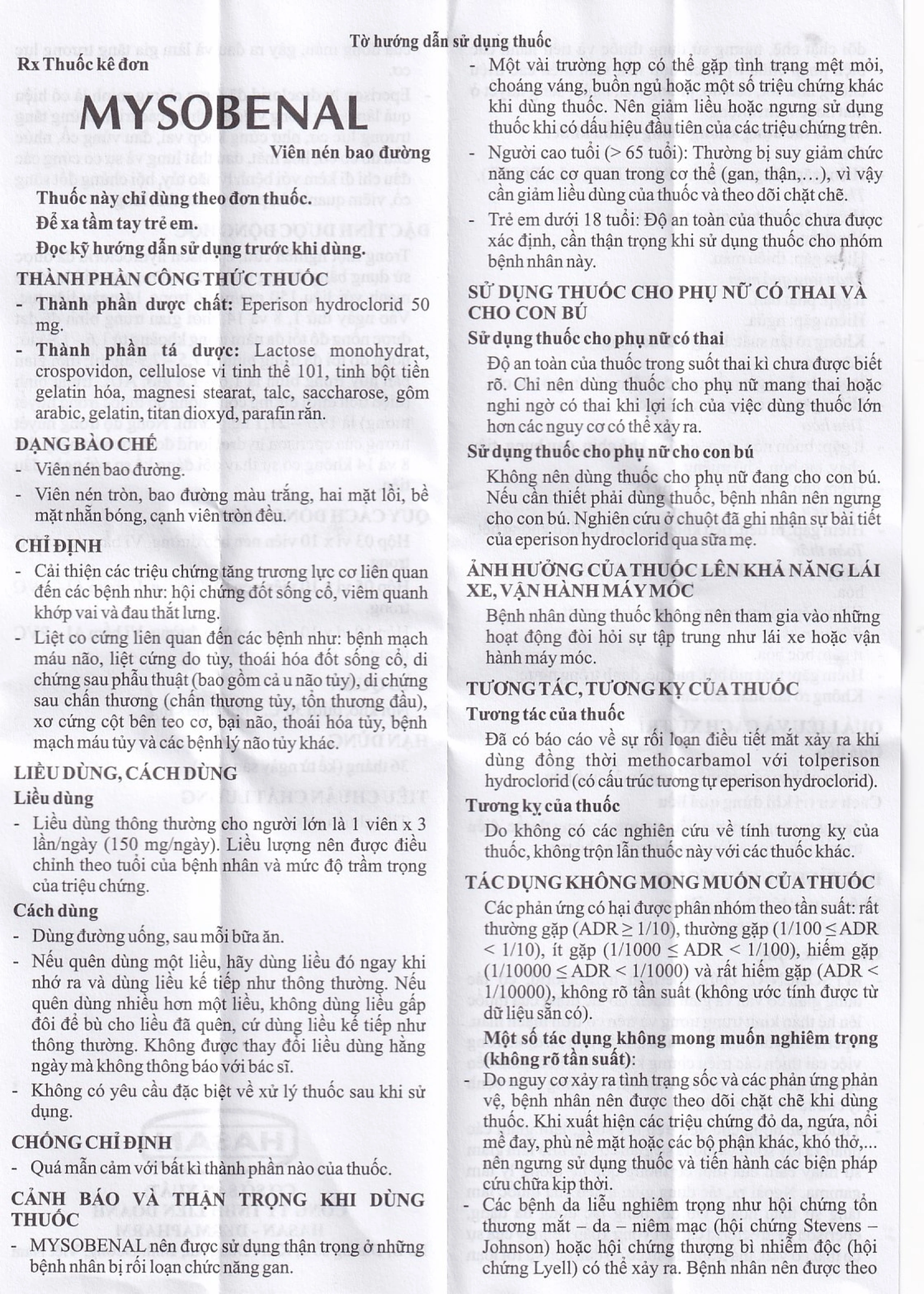 Viên nén Mysobenal 50mg Hasan cải thiện triệu chứng tăng trương lực cơ (5 vỉ x 10 viên)