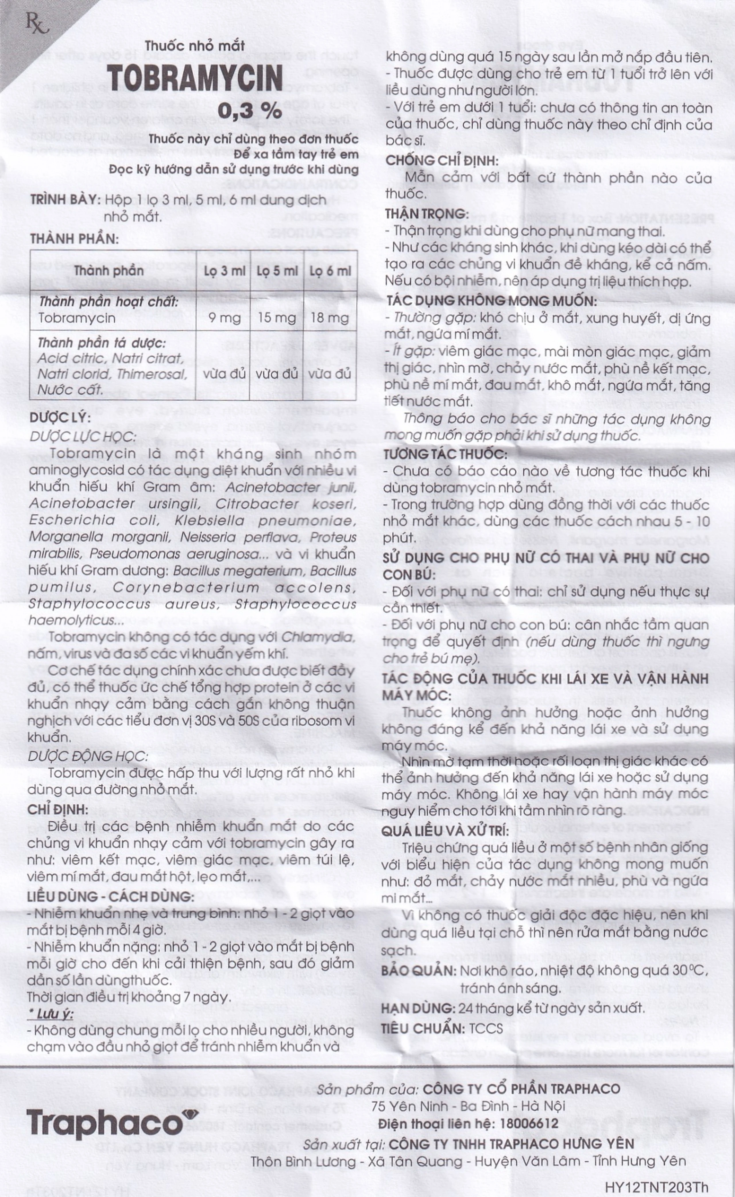 Thuốc nhỏ mắt Tobramycin 0,3% Traphaco điều trị nhiễm khuẩn mắt (6ml)