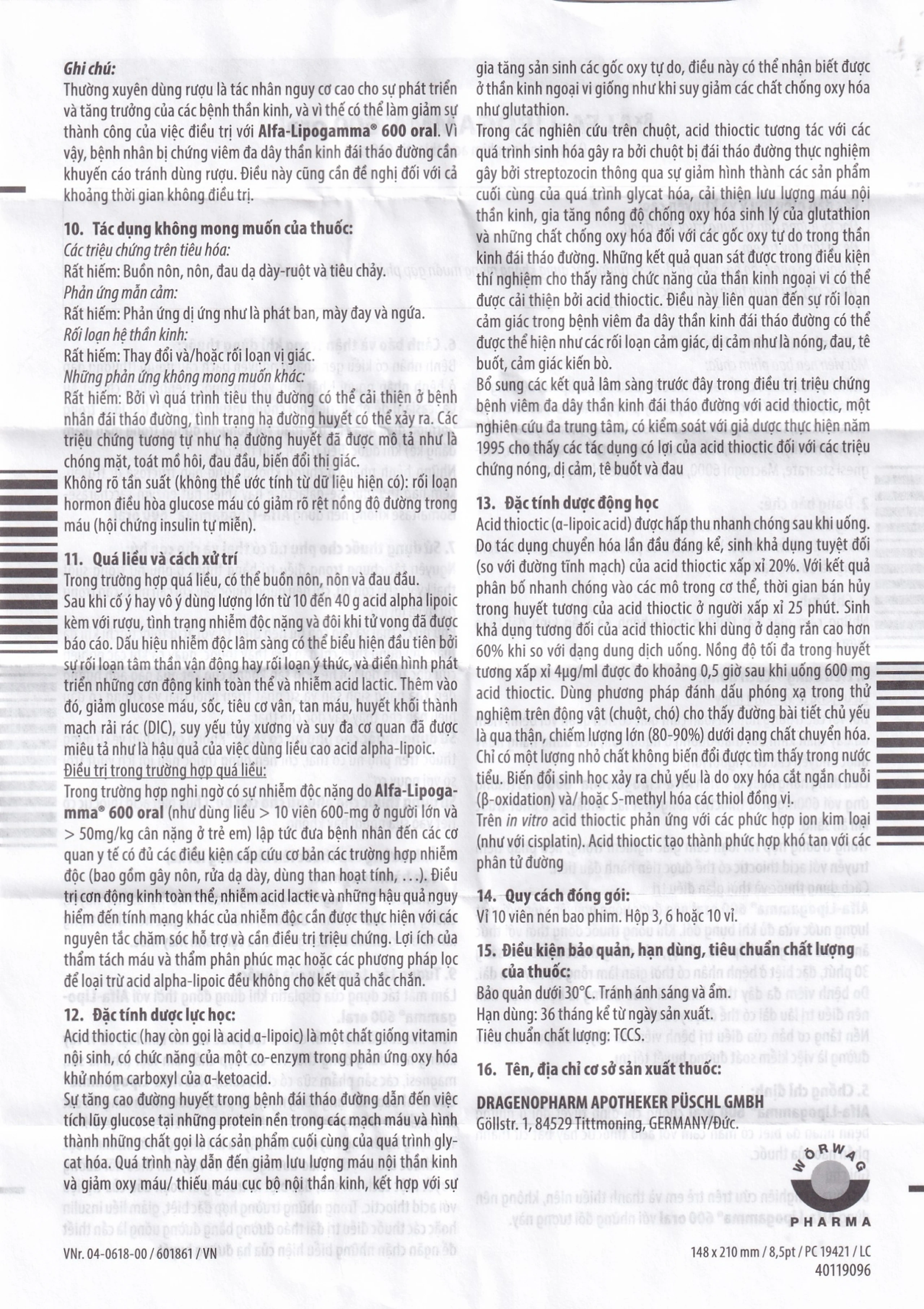 Thuốc Alfa-Lipogamma 600 Oral Worwag hỗ trợ điều trị đa thần kinh đái tháo đường (3 vỉ x 10 viên)