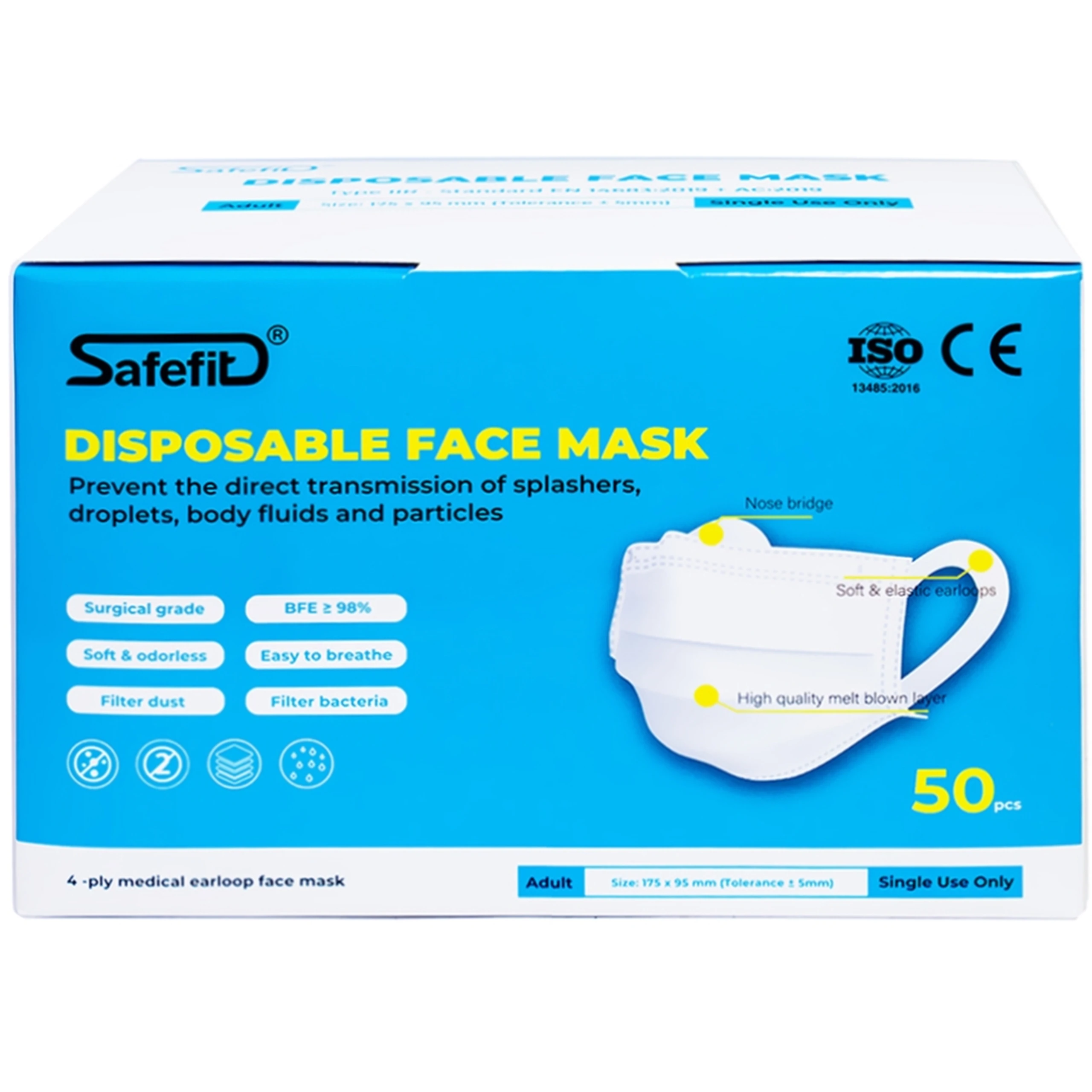 Khẩu trang 4 lớp Safefit màu xanh (50 cái) ngăn khói bụi, vi khuẩn