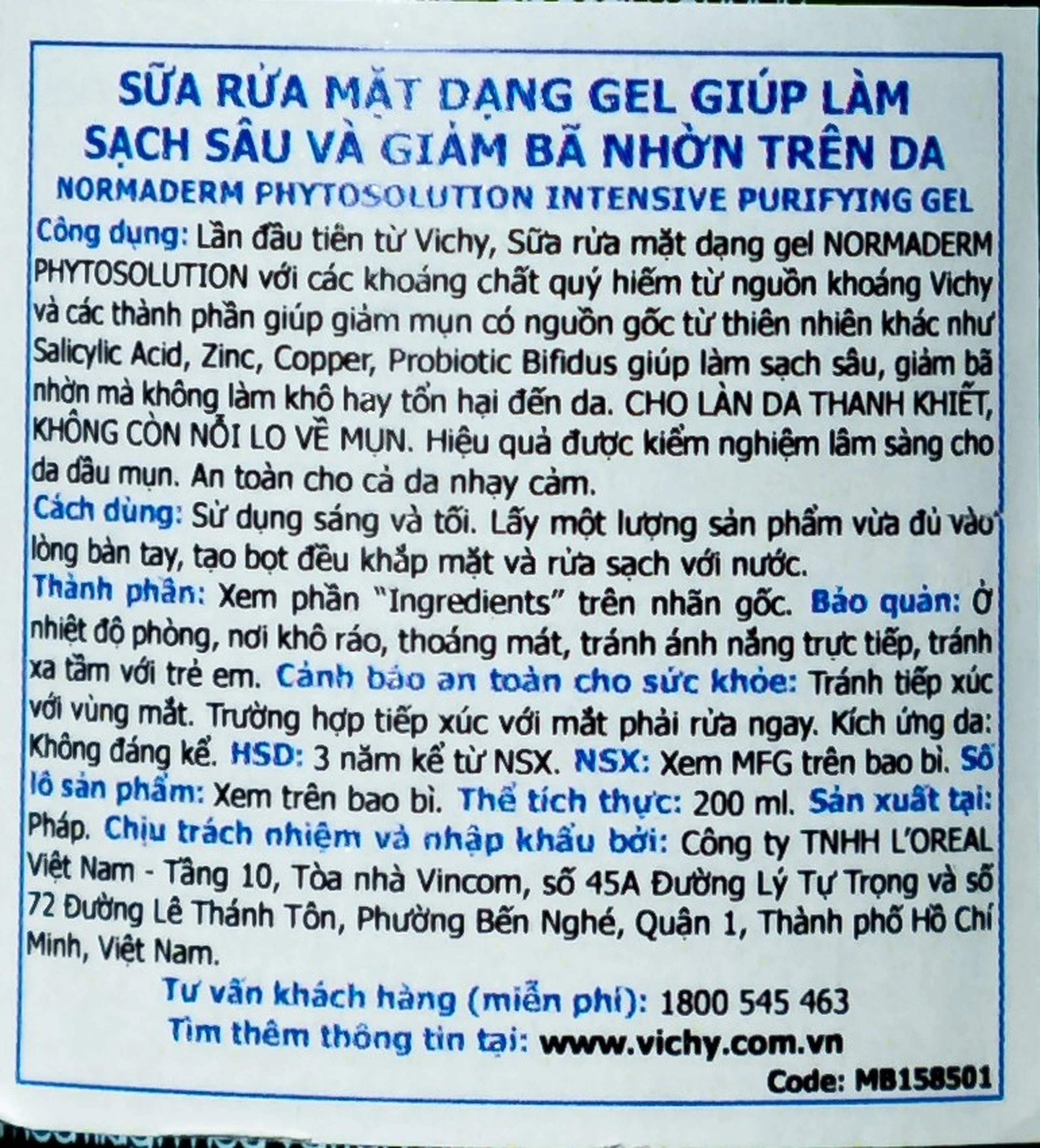 Sữa rửa mặt dạng gel giúp làm sạch sâu và giảm bã nhờn trên da Vichy Normaderm Phytosolution Intensive Purifying Gel (200ml)