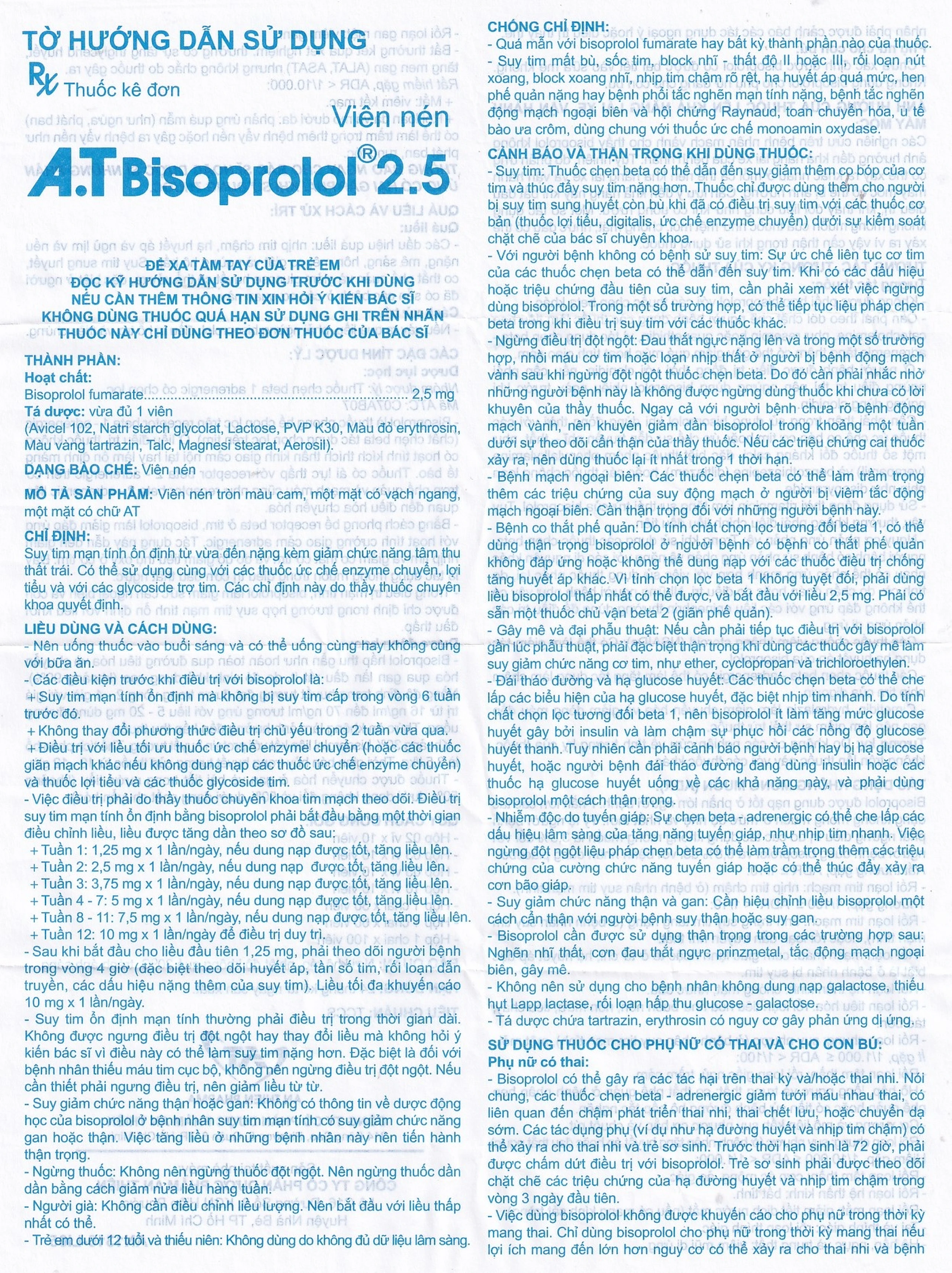 Thuốc A.T Bisoprolol 2.5mg An Thiên điều trị suy tim mạn tính ổn định (10 vỉ x 10 viên)