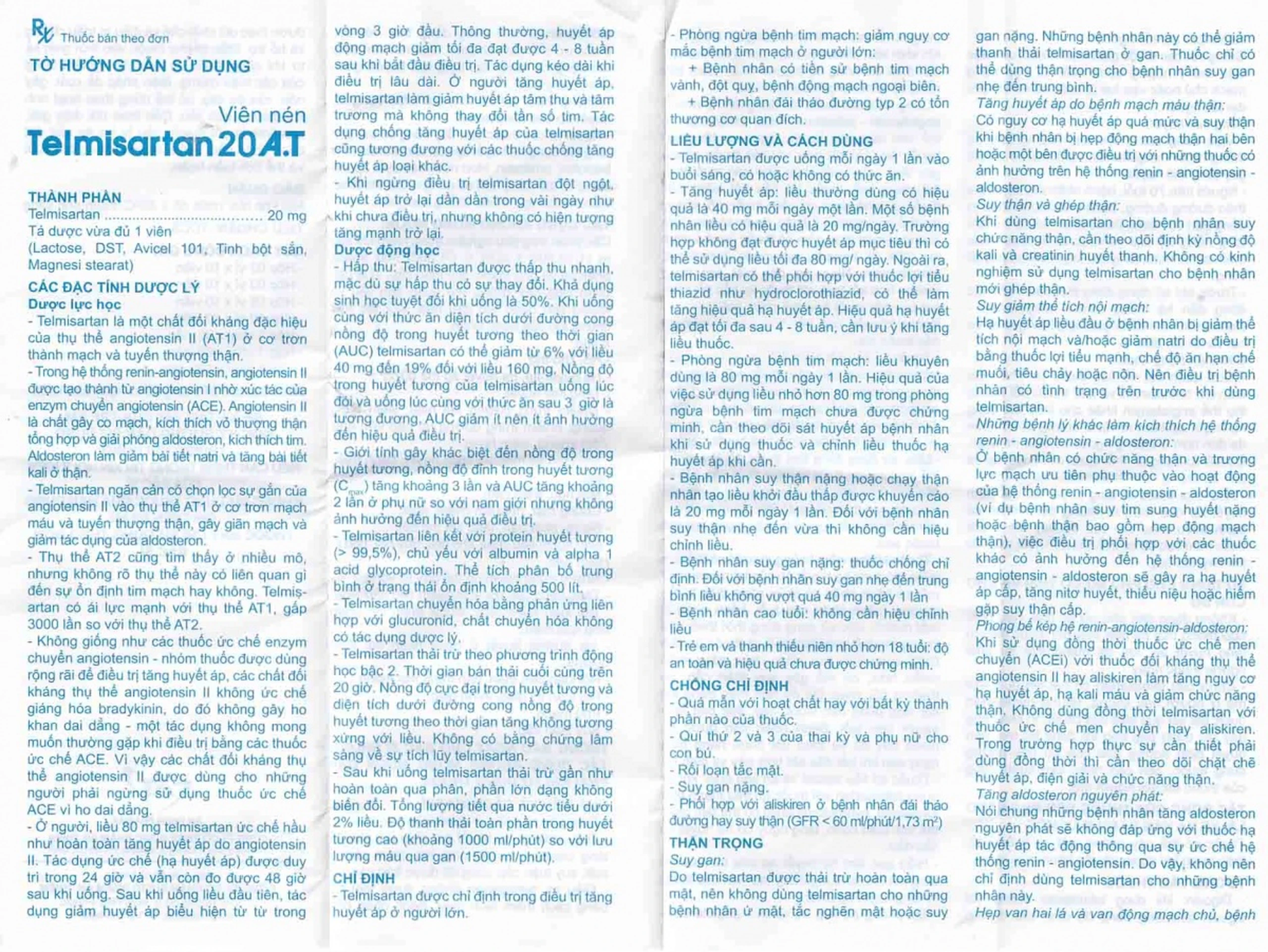 Thuốc Telmisartan 20 A.T điều trị tăng huyết áp (10 vỉ x 10 viên)