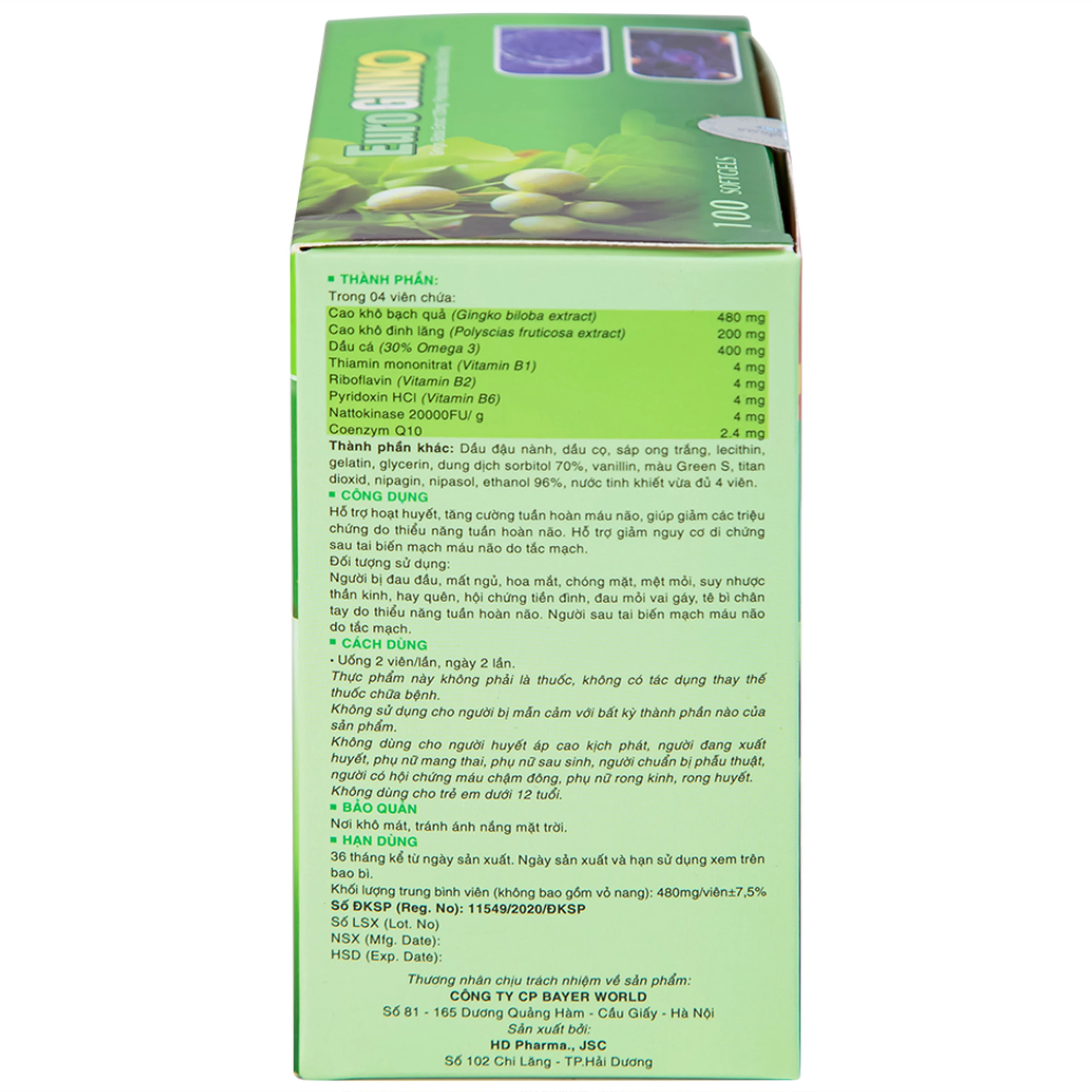 Viên uống hỗ trợ hoạt huyết, tăng cường tuần hoàn máu não Euro Ginko Gold HD Pharma (100 viên)