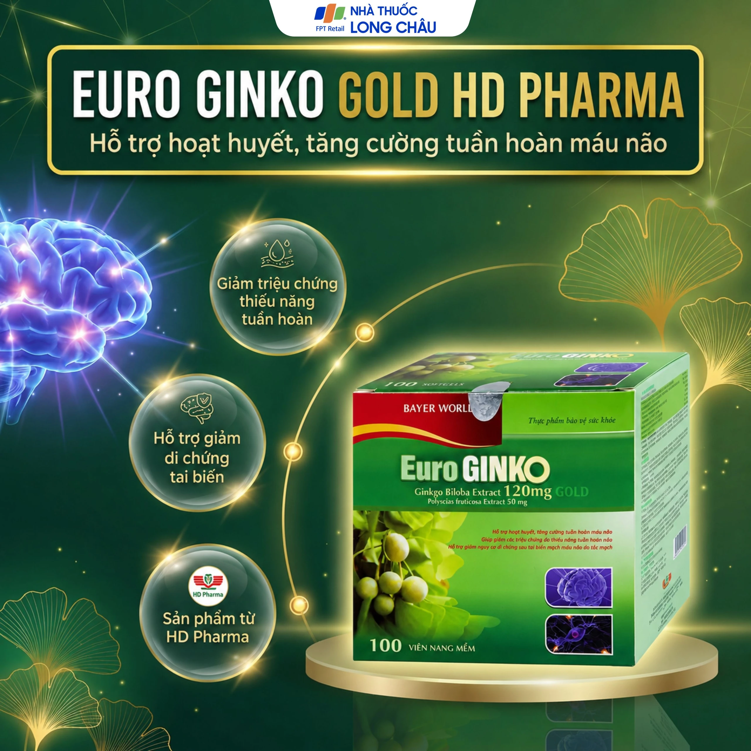 Viên uống hỗ trợ hoạt huyết, tăng cường tuần hoàn máu não Euro Ginko Gold HD Pharma (100 viên) 3