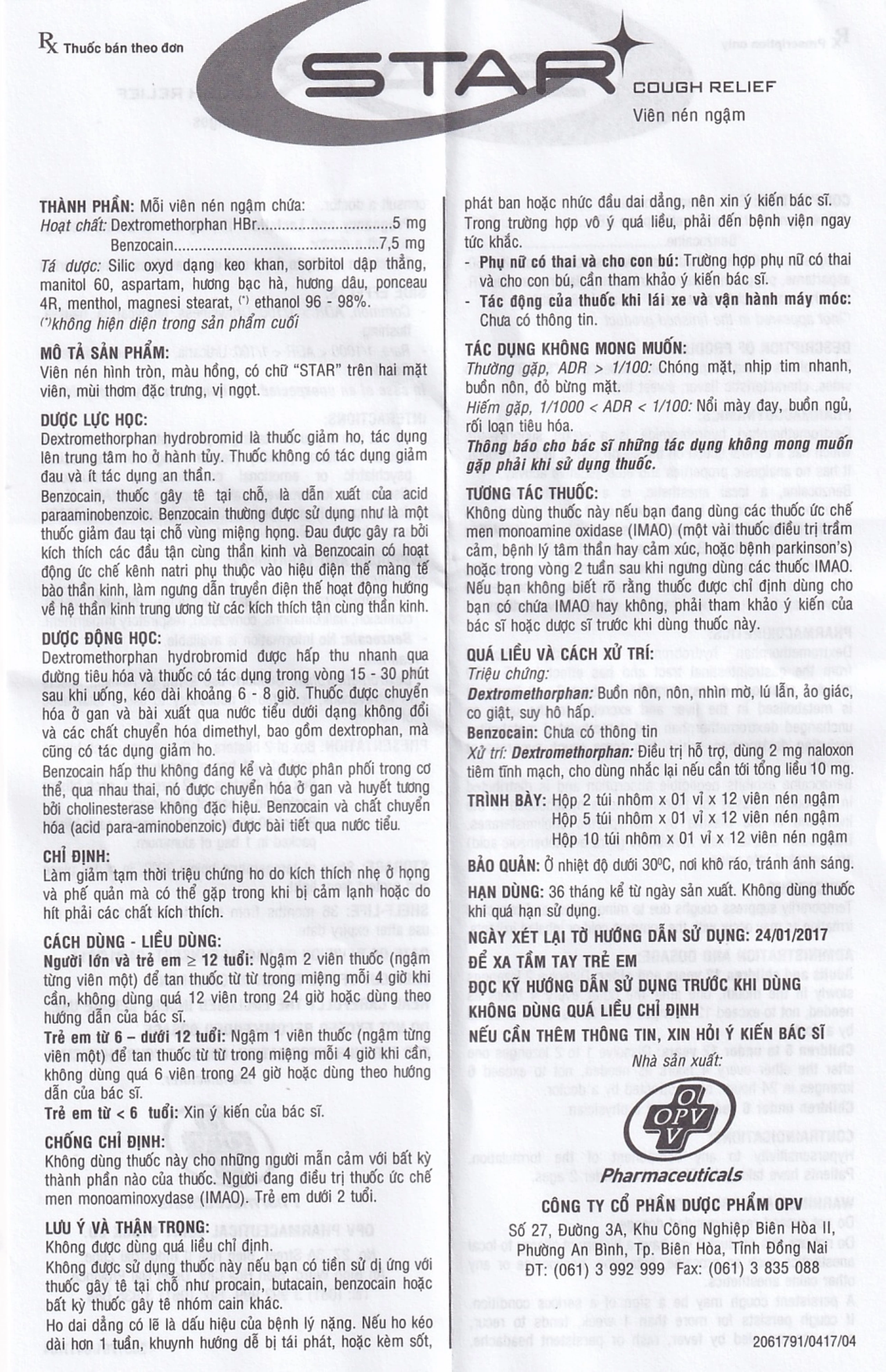 Viên ngậm Star Cough Relief OPV giảm tạm thời triệu chứng ho (2 vỉ x 12 viên)