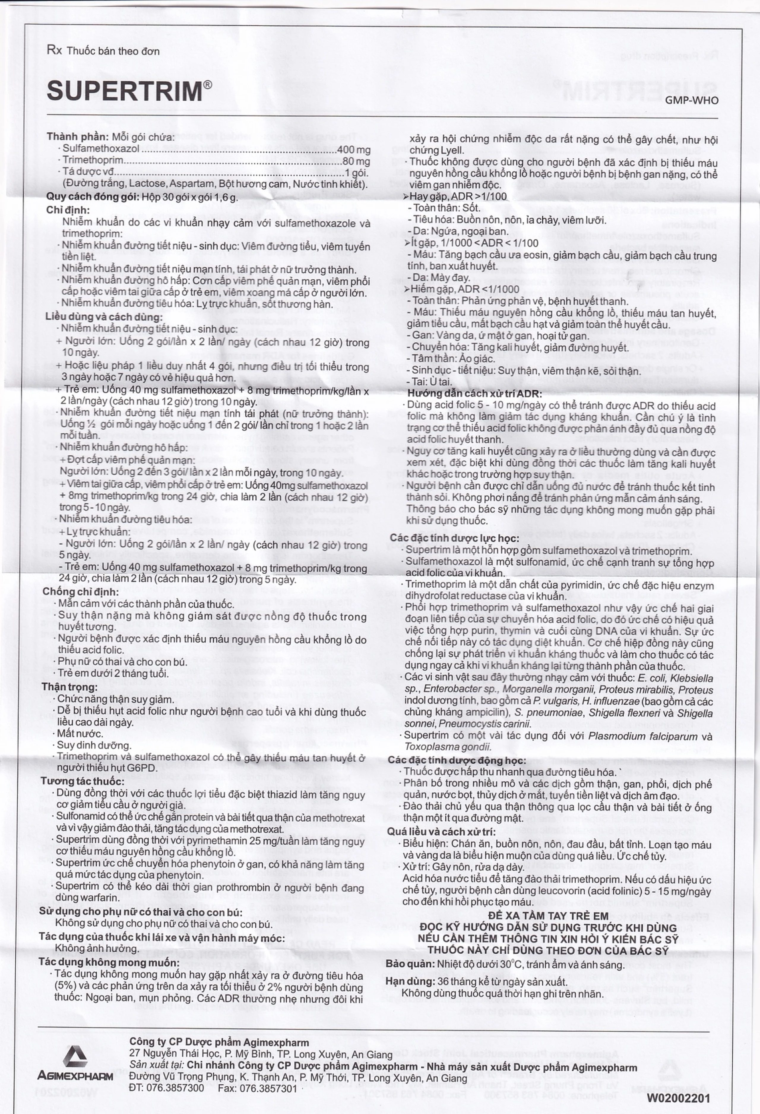 Thuốc bột uống Supertrim 1.6g Agimexpharm điều trị nhiễm khuẩn do các vi khuẩn nhạy cảm (30 gói)