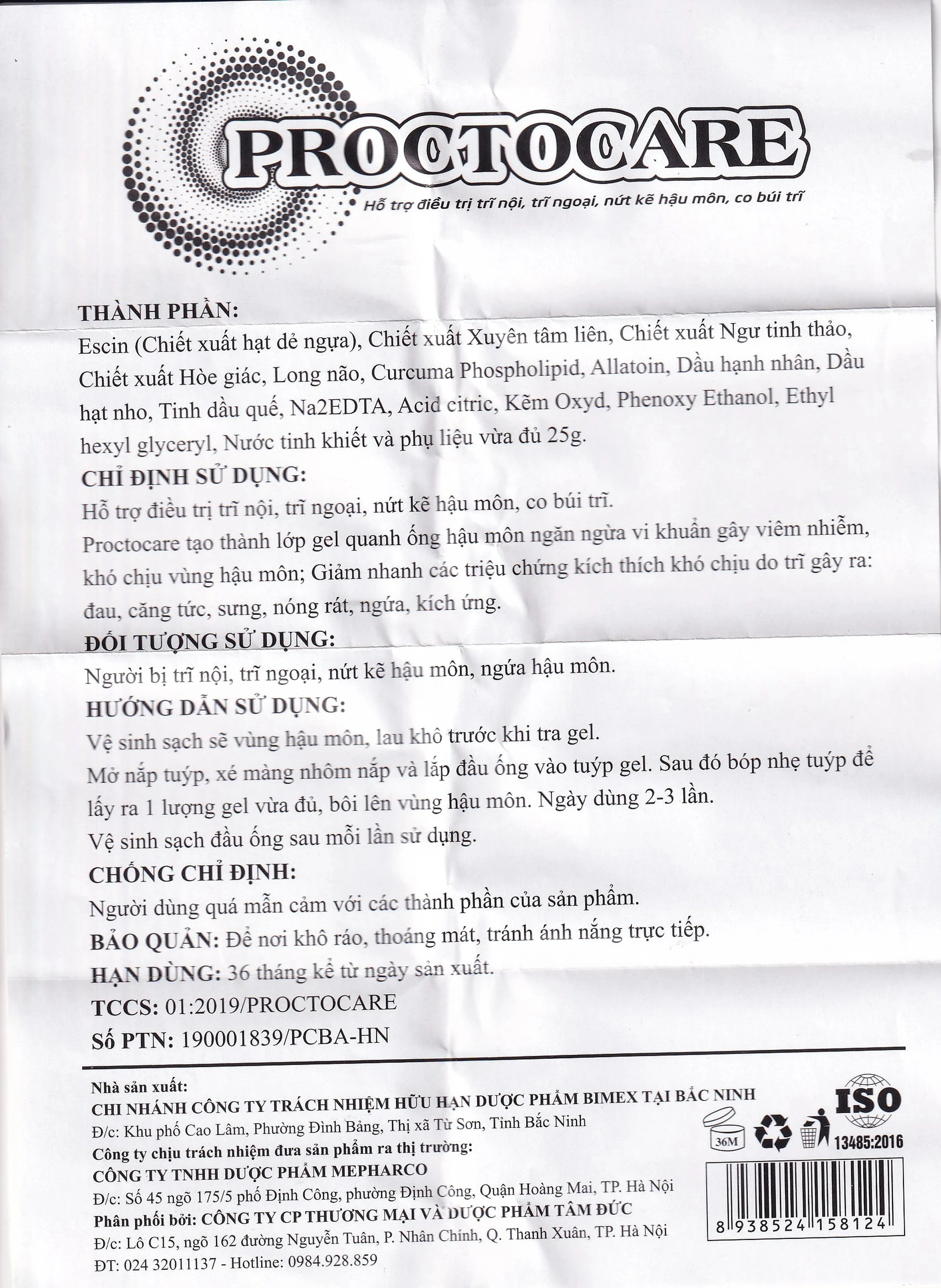 Kem bôi trĩ Proctocare Bimex 25g hỗ trợ điều trị trĩ, nứt hậu môn, co búi trĩ