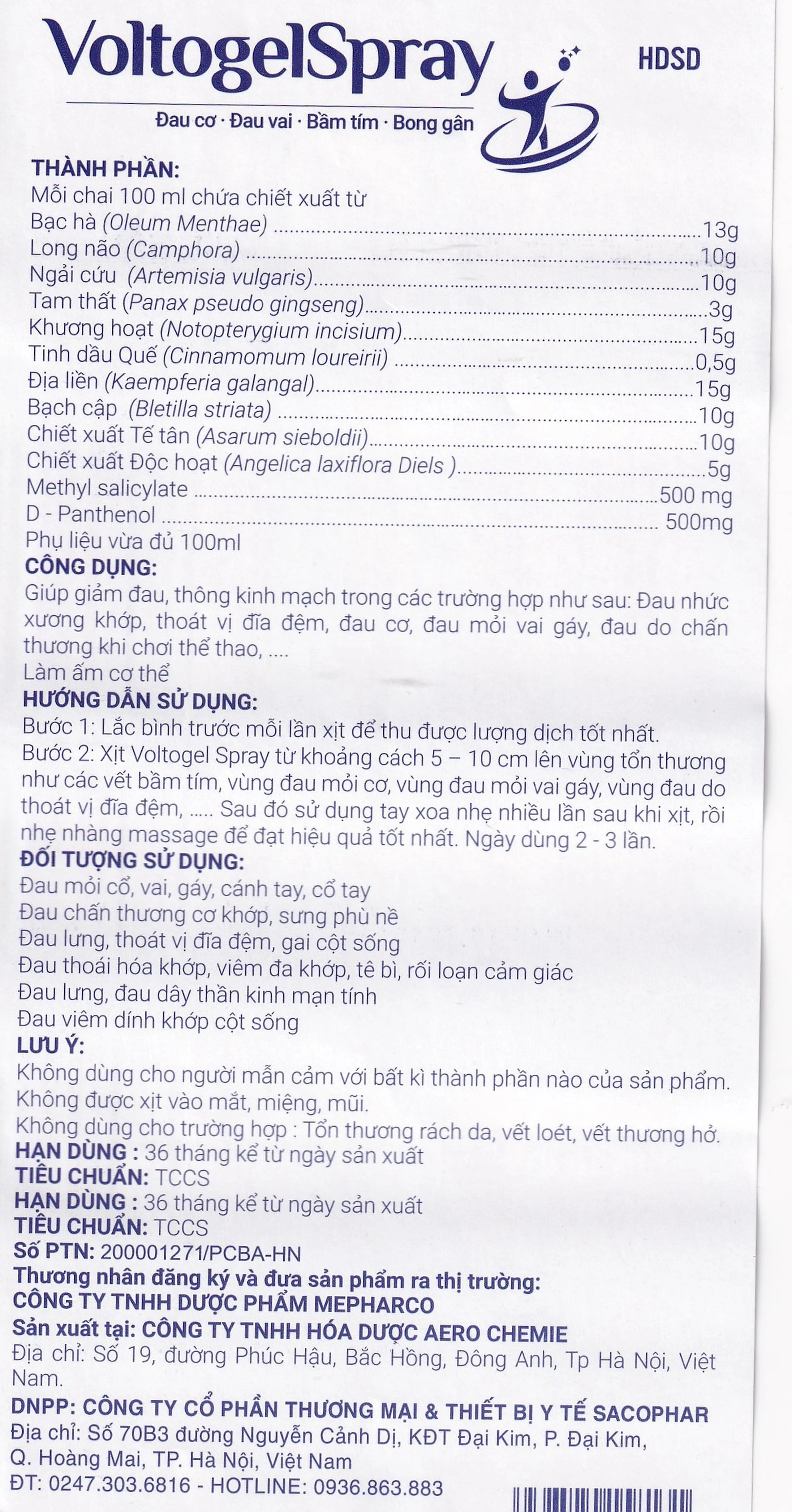 Chai xịt Voltogel Spray 100ml giúp giảm đau, chống viêm, thúc đẩy tuần hoàn máu