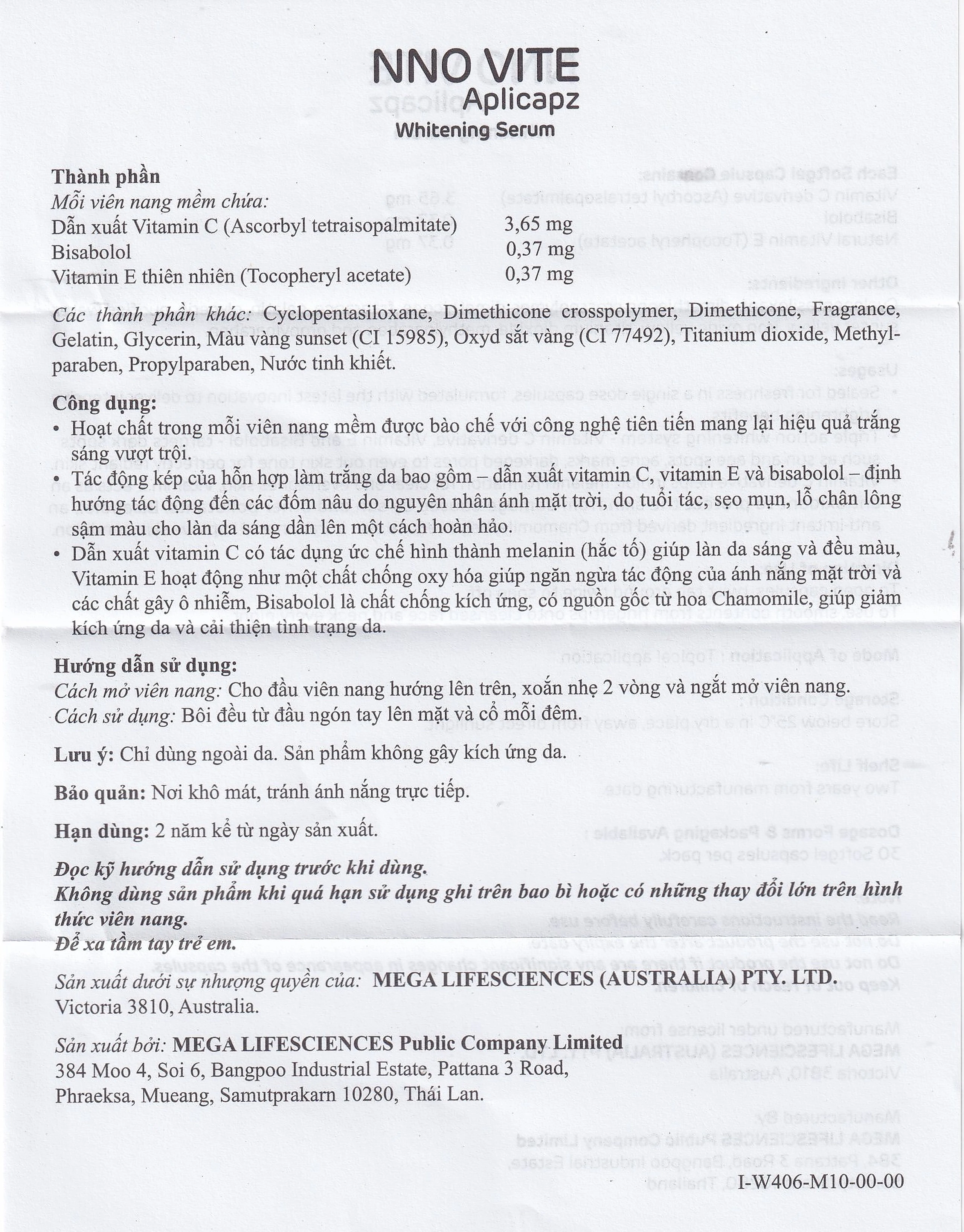 Tinh chất dưỡng da, ngừa lão hóa NNO Vite Aplicapz Whitening Serum Mega 3x10