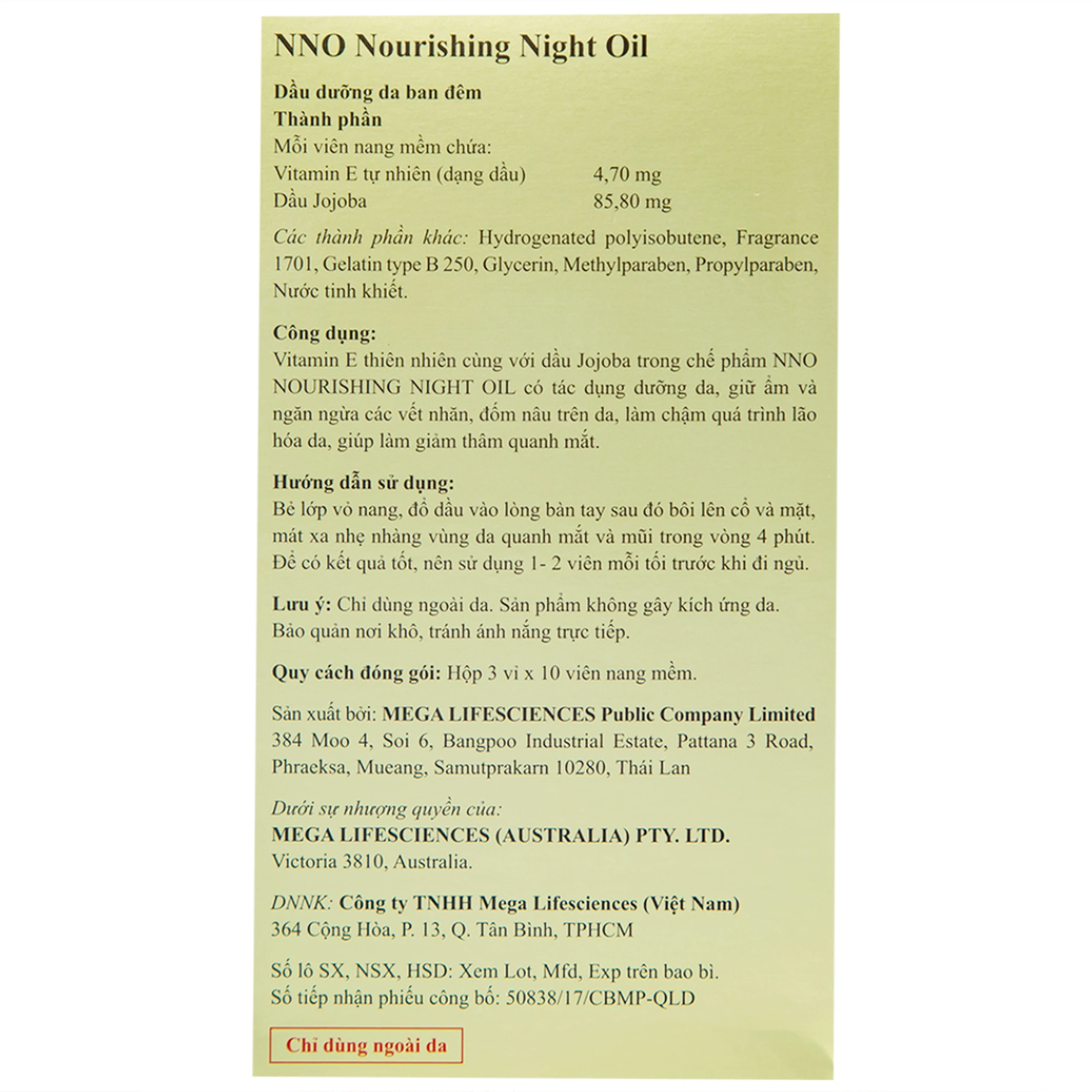 Dầu dưỡng da ban đêm NNO Nourishing Night Oil giúp dưỡng ẩm, phục hồi da