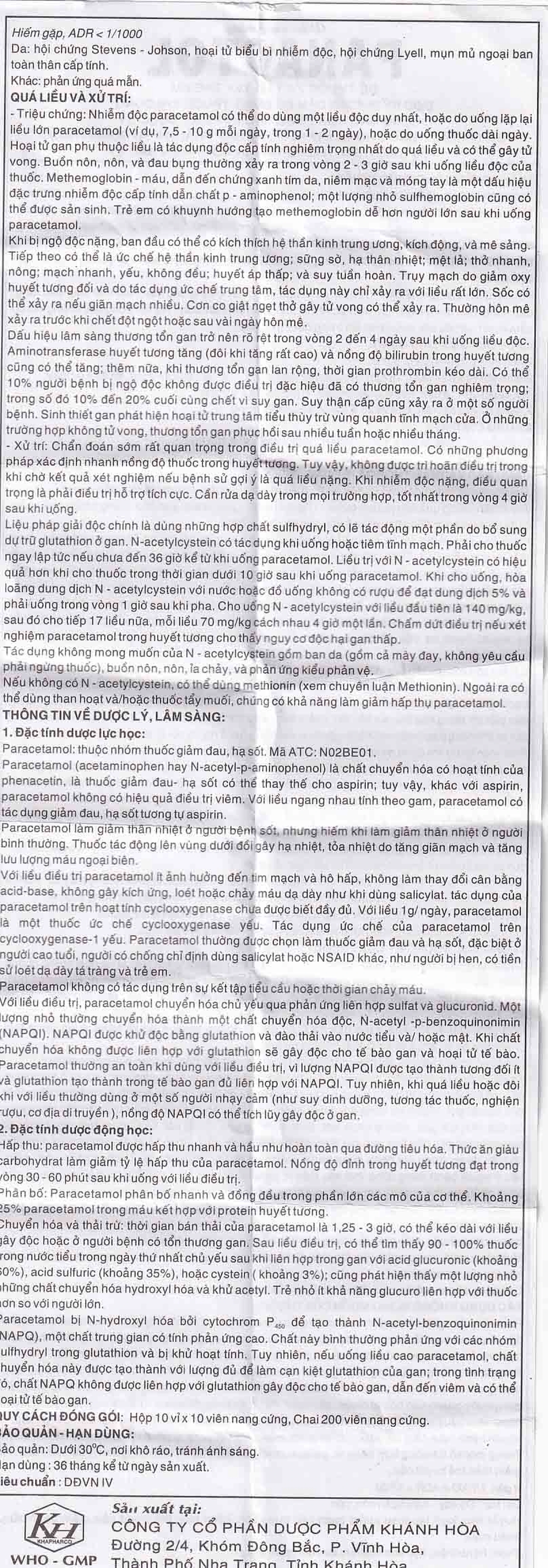 Viên nang cứng Panactol 500mg Khapharco giảm đau, hạ sốt (200 viên)
