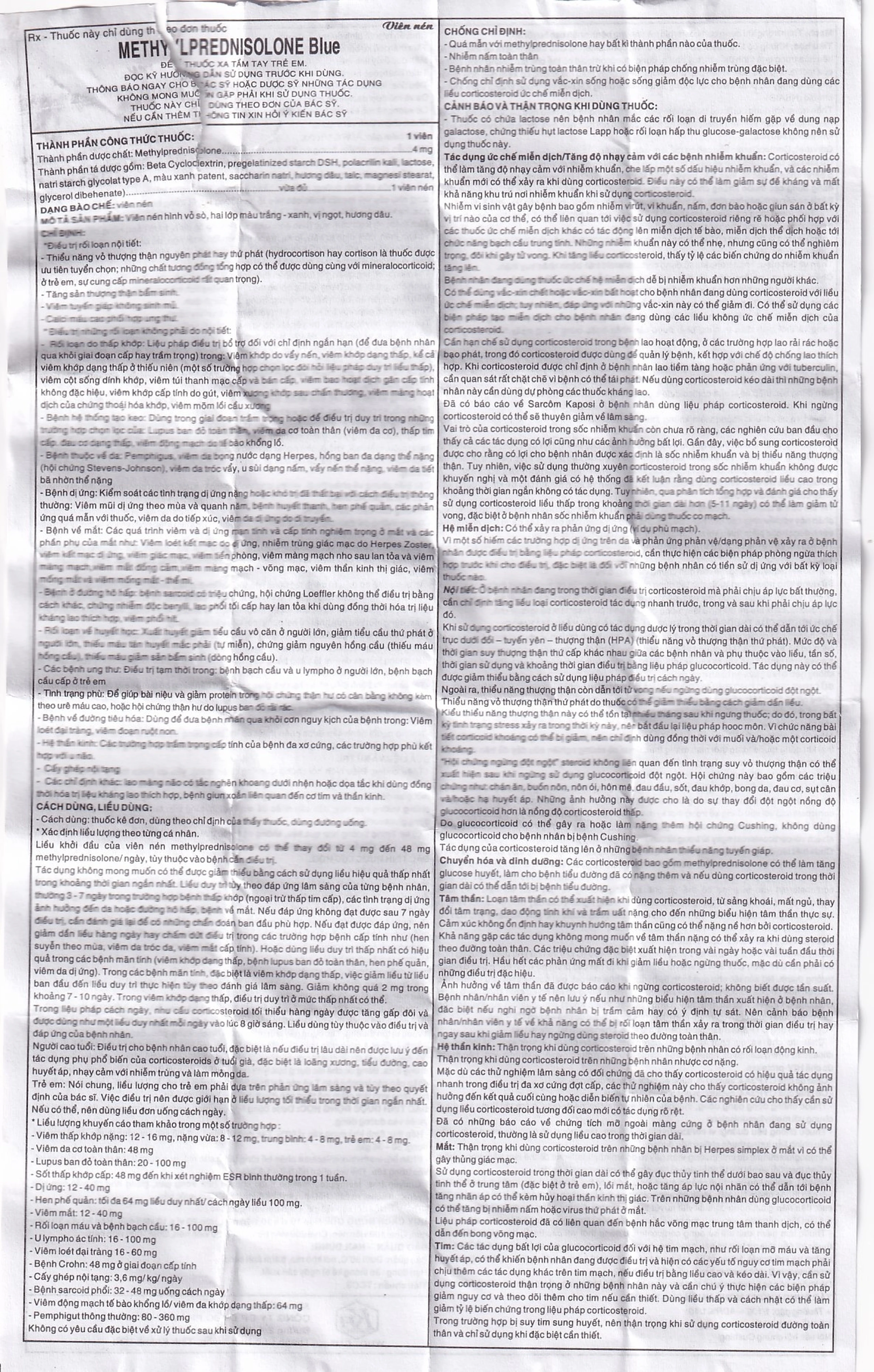 Thuốc Methylprednisolone Blue 4mg Khapharco kháng viêm, điều trị rối loạn nội tiết (100 viên)