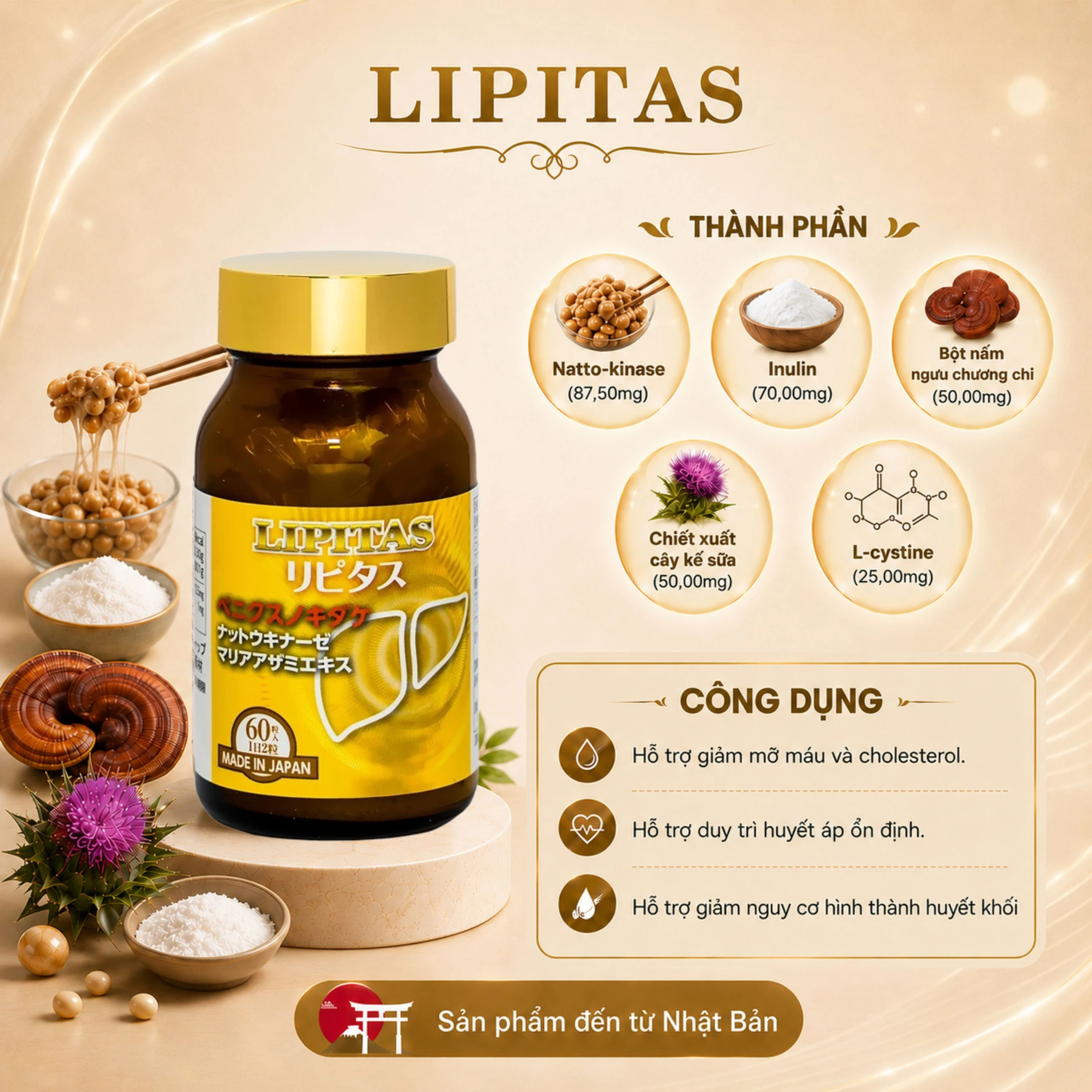 Viên uống giúp giảm mỡ, cholesterol và triglyceride trong máu Lipitas Jpanwell (60 viên) 4
