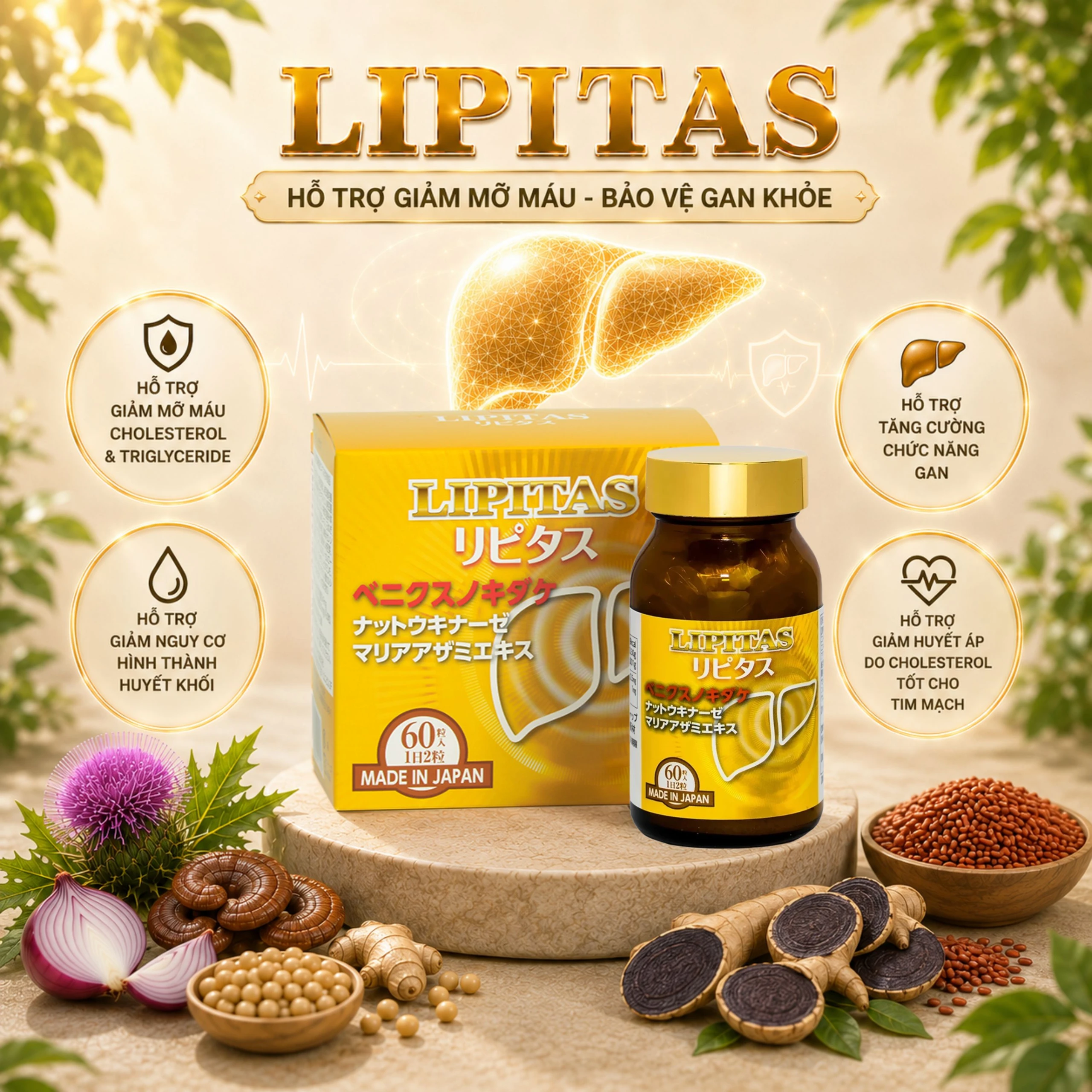 Viên uống giúp giảm mỡ, cholesterol và triglyceride trong máu Lipitas Jpanwell (60 viên) 3