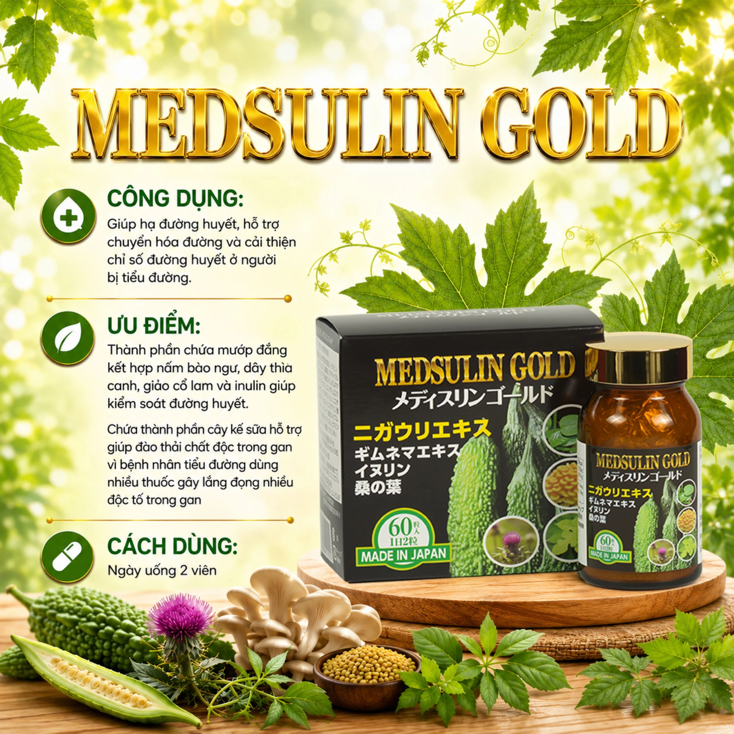 Viên uống giúp hạ đường, huyết hỗ trợ chuyển hóa đường Medsulin Gold Jpanwell (60 viên) 2