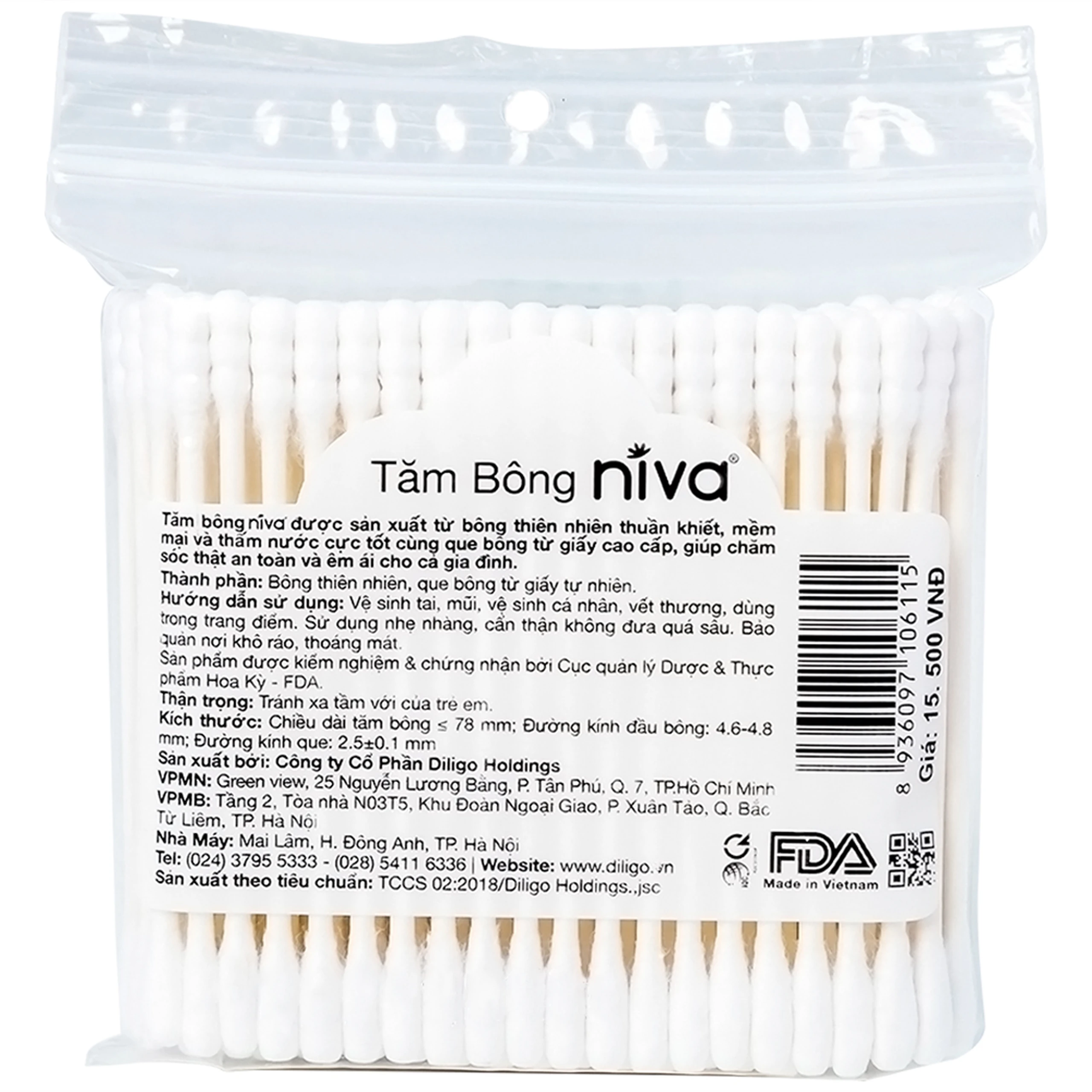 Tăm bông Niva AZP2 Paper Cotton Buds túi zip 1 đầu tròn 1 đầu xoắn vệ sinh tai, mũi, vết thương (100 que)