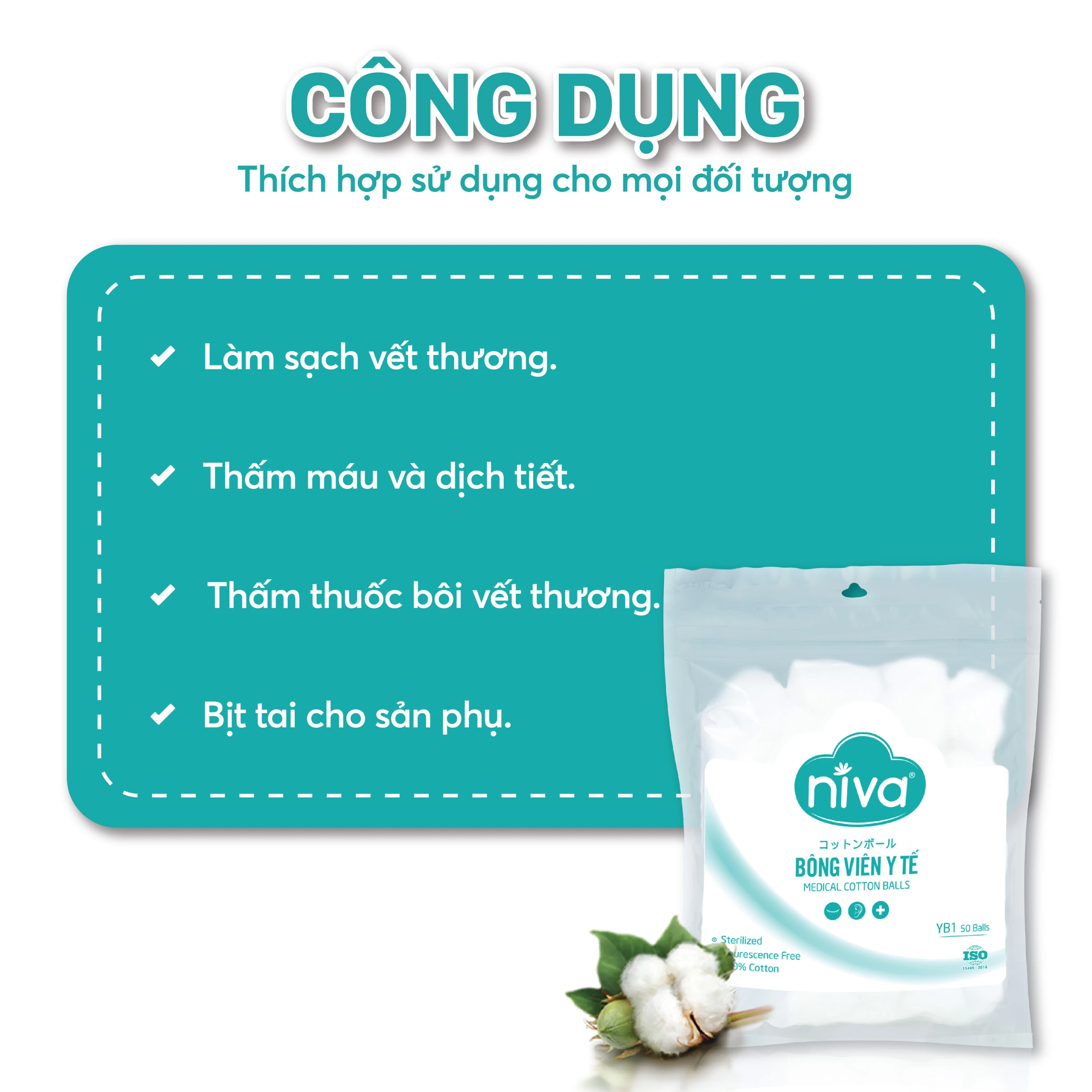 Bông viên Niva Cotton Balls YB1 (50 viên) làm sạch vết thương, thấm máu và dịch tiết 3