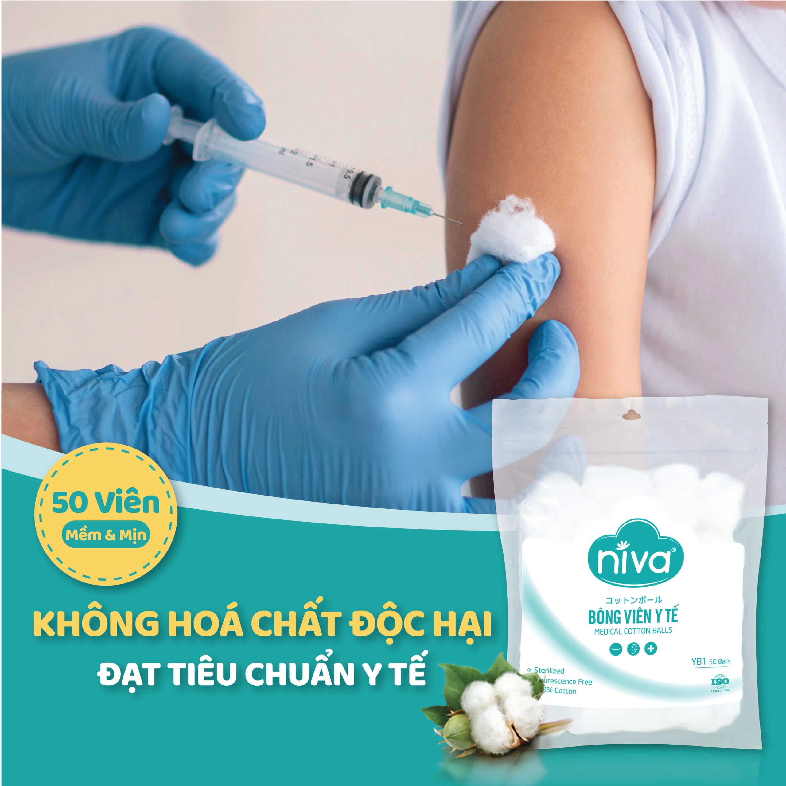 Bông viên Niva Cotton Balls YB1 (50 viên) làm sạch vết thương, thấm máu và dịch tiết 6
