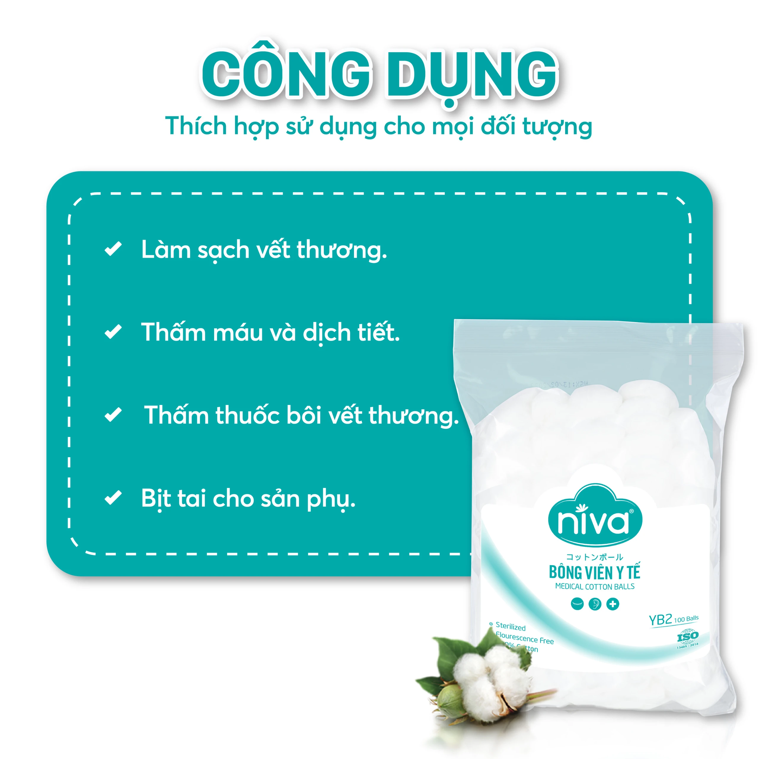 Bông viên Niva Cotton Balls YB2 (100 viên) làm sạch vết thương, thấm máu và dịch tiết 2