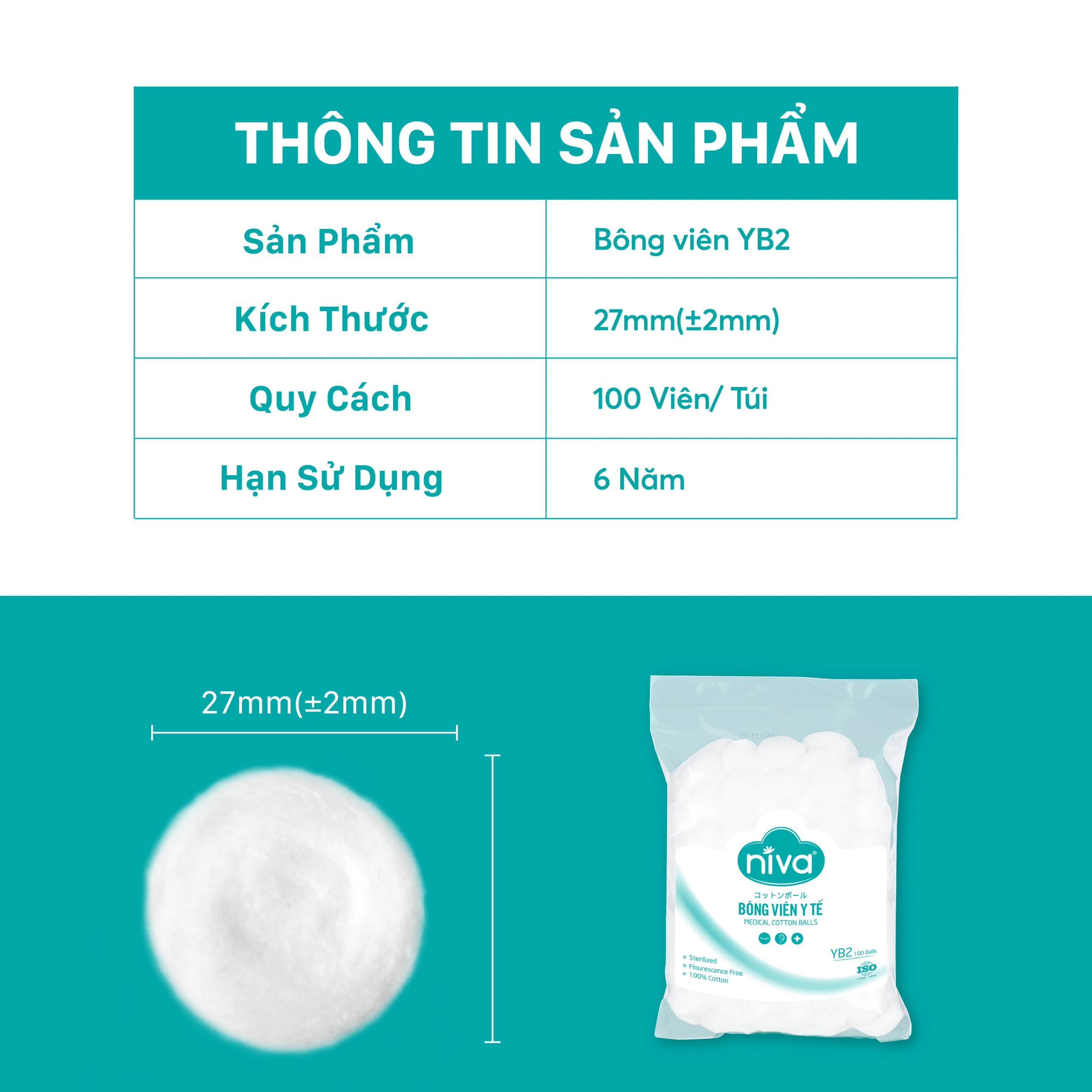 Bông viên Niva Cotton Balls YB2 (100 viên) làm sạch vết thương, thấm máu và dịch tiết 3