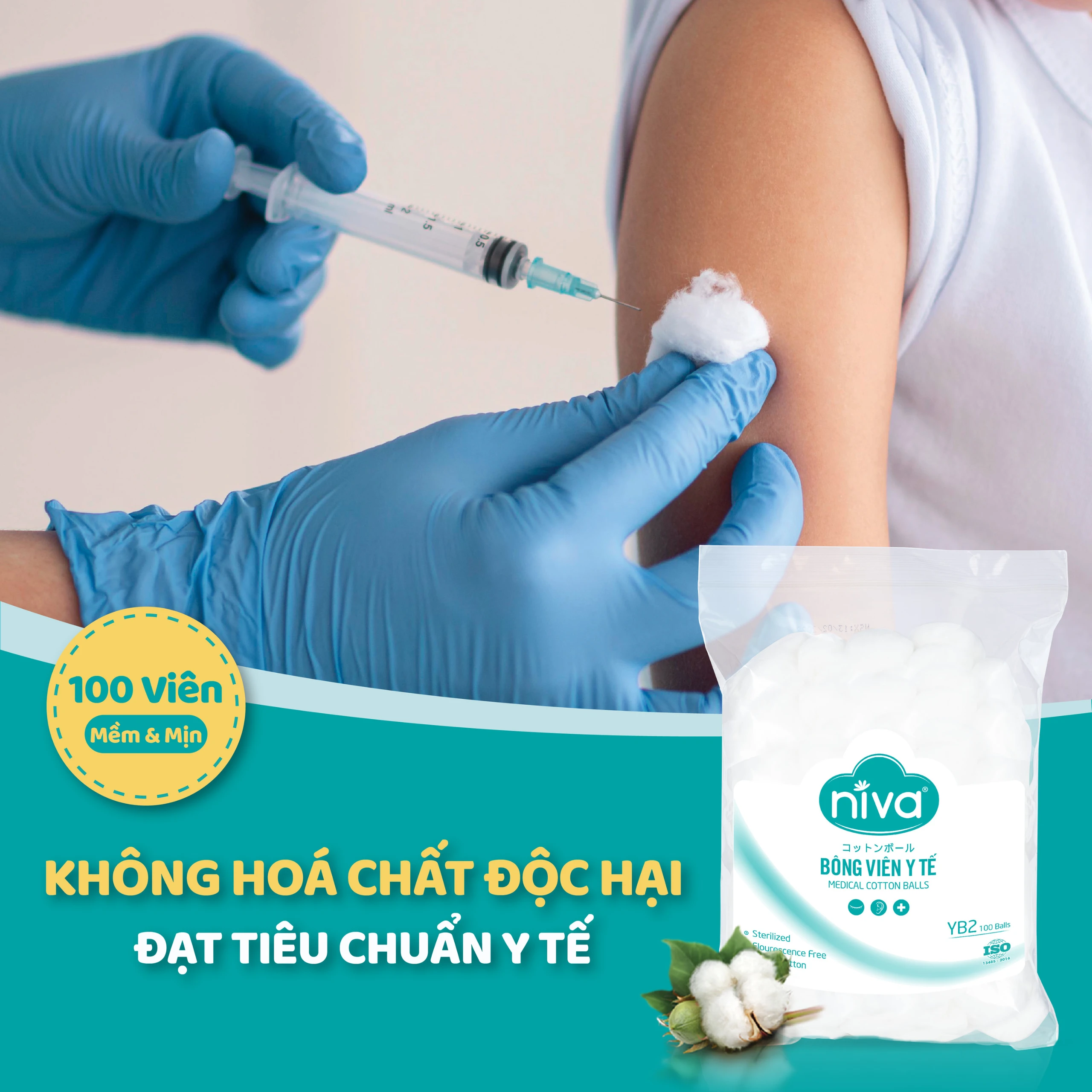 Bông viên Niva Cotton Balls YB2 (100 viên) làm sạch vết thương, thấm máu và dịch tiết 4