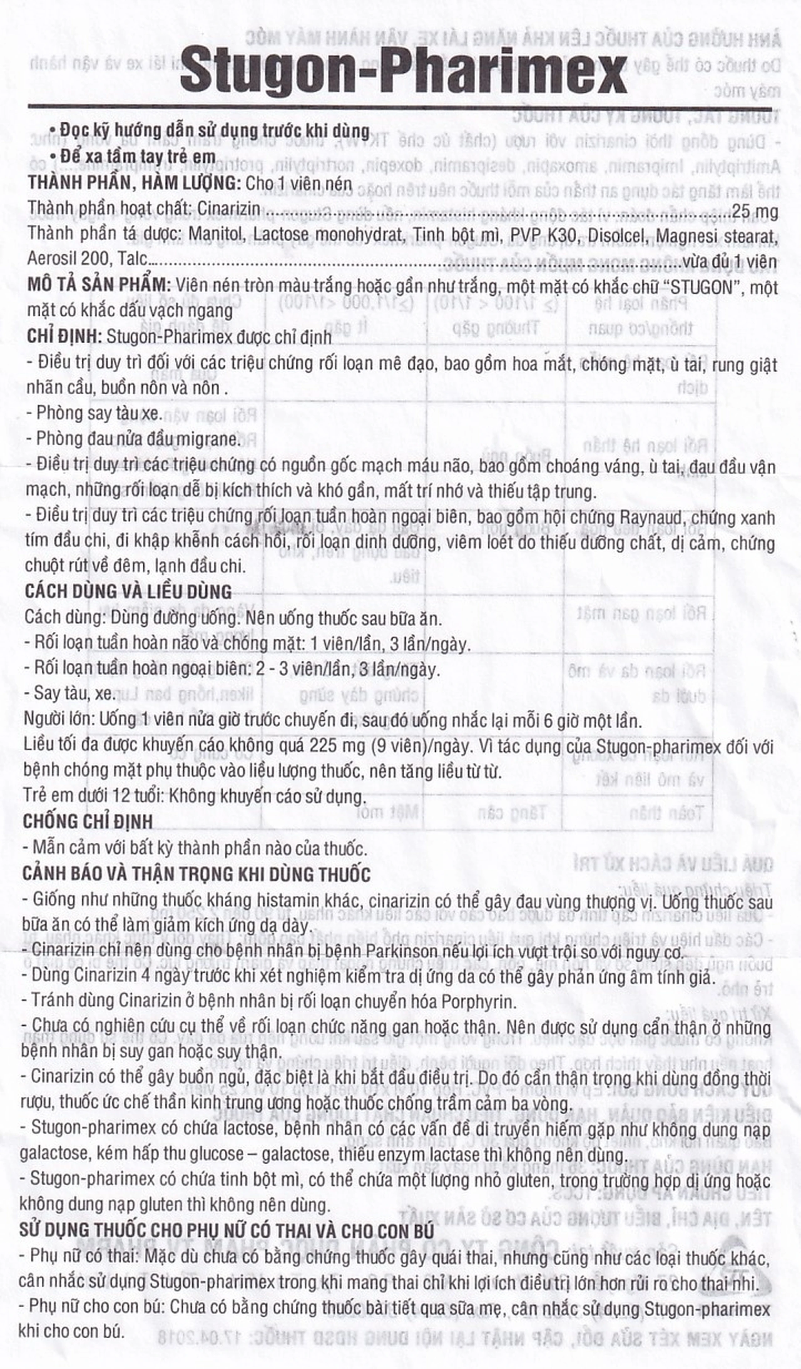 Thuốc Stugon-Pharimex TV.Pharm điều trị triệu chứng hoa mắt, chóng mặt, ù tai (10 vỉ x 25 viên)