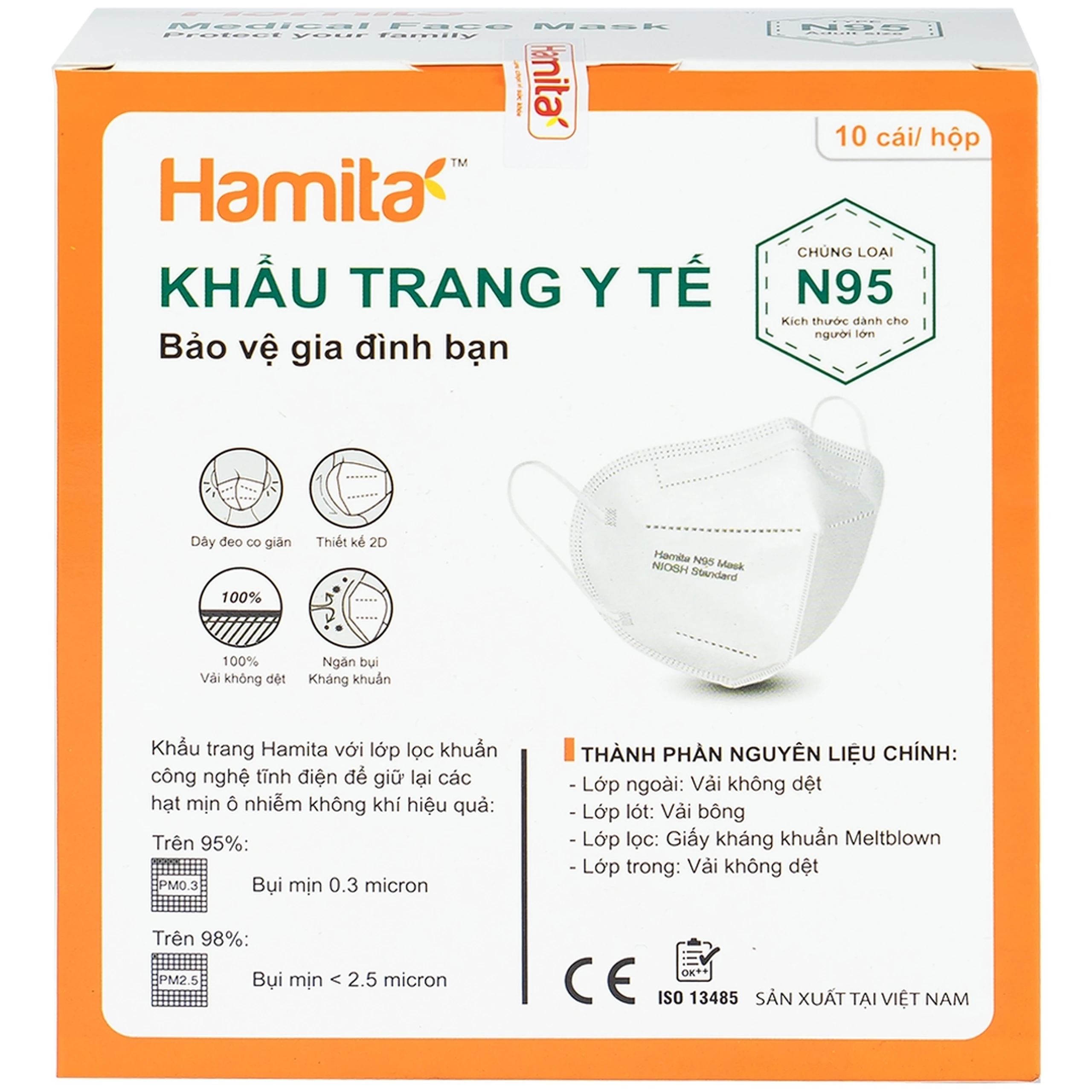 Khẩu trang Hamita N95 màu trắng (10 cái) ngăn khói bụi, vi khuẩn và giọt bắn