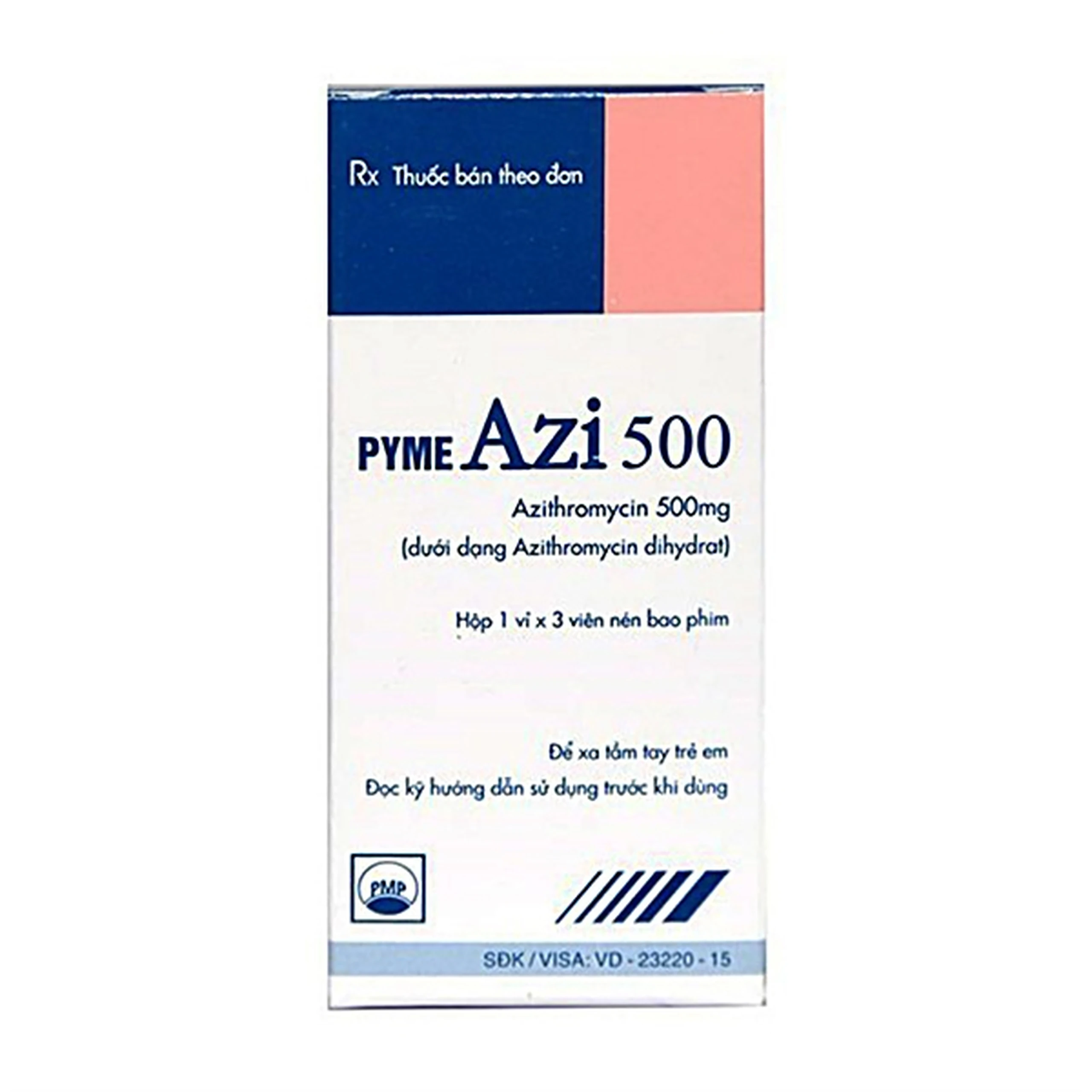 Thuốc Pyme Azi 500 Pymepharco điều trị các bệnh nhiễm trùng mức độ nhẹ đến trung bình (1 vỉ x 3 viên)