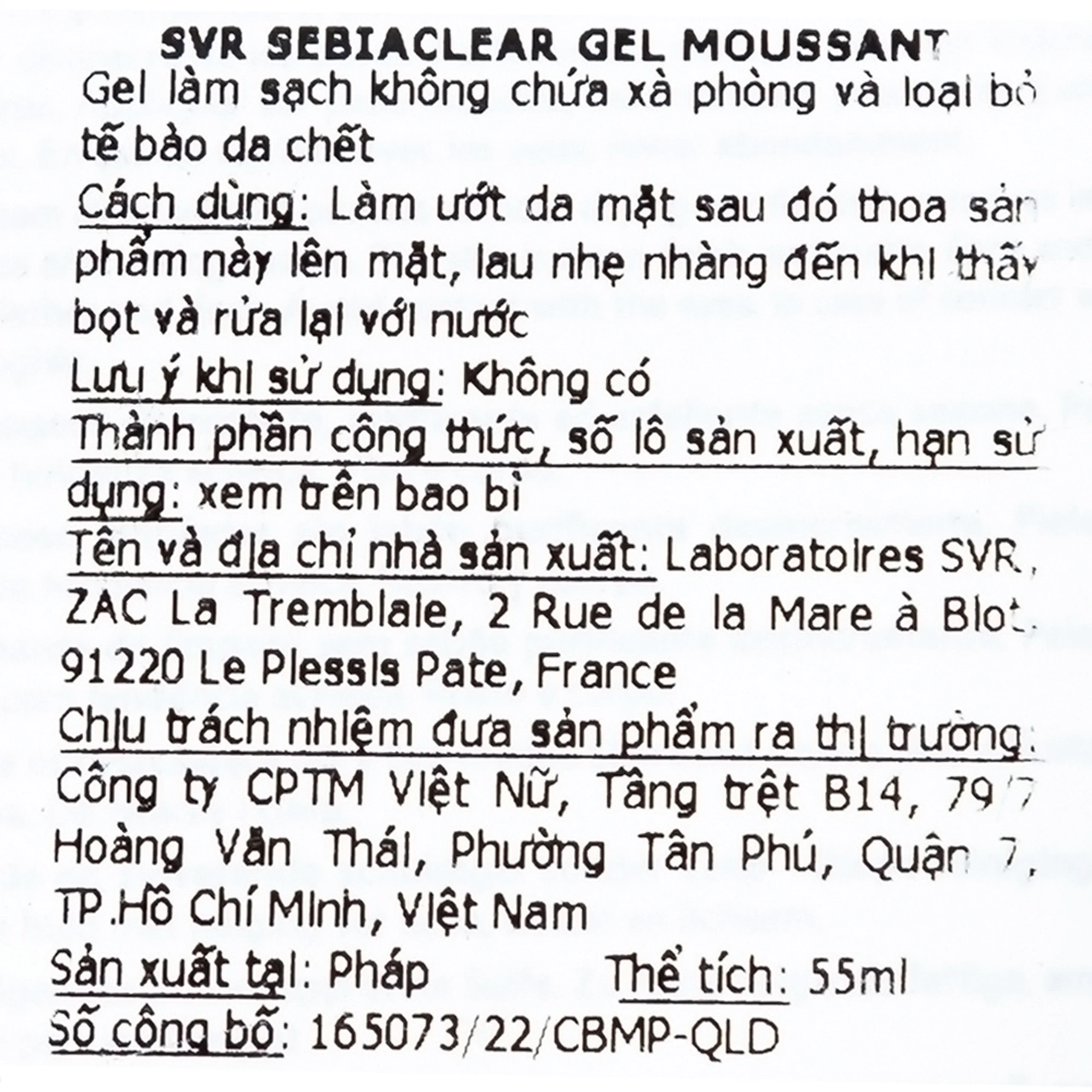 Gel rửa mặt và loại bỏ tế bào chết không chứa xà phòng SVR Sebiaclear Gel Moussant 55ml