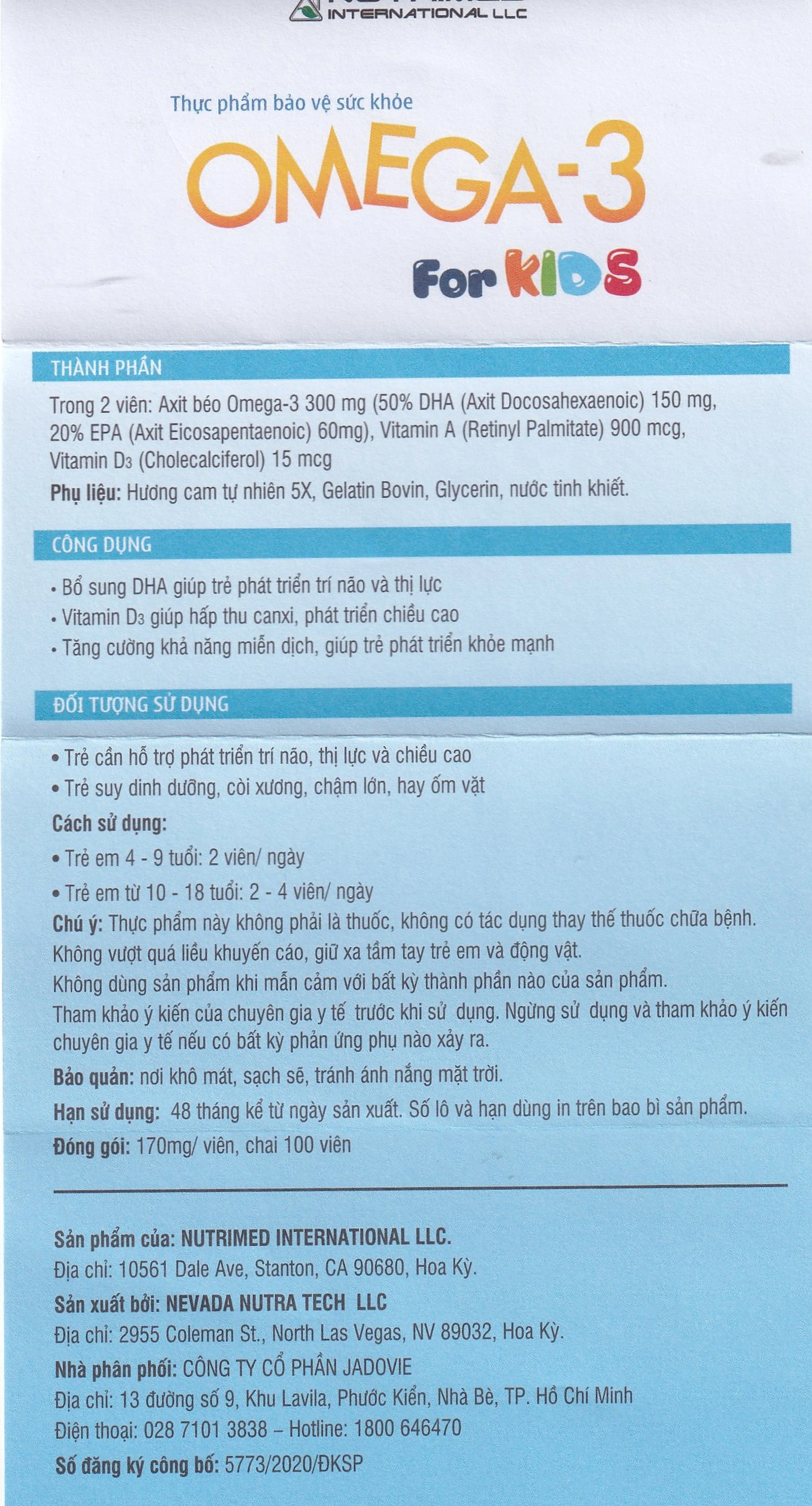 Viên uống giúp trẻ phát triển chiều cao, trí não và thị lực Omega-3 For Kids Nutrimed (100 viên)