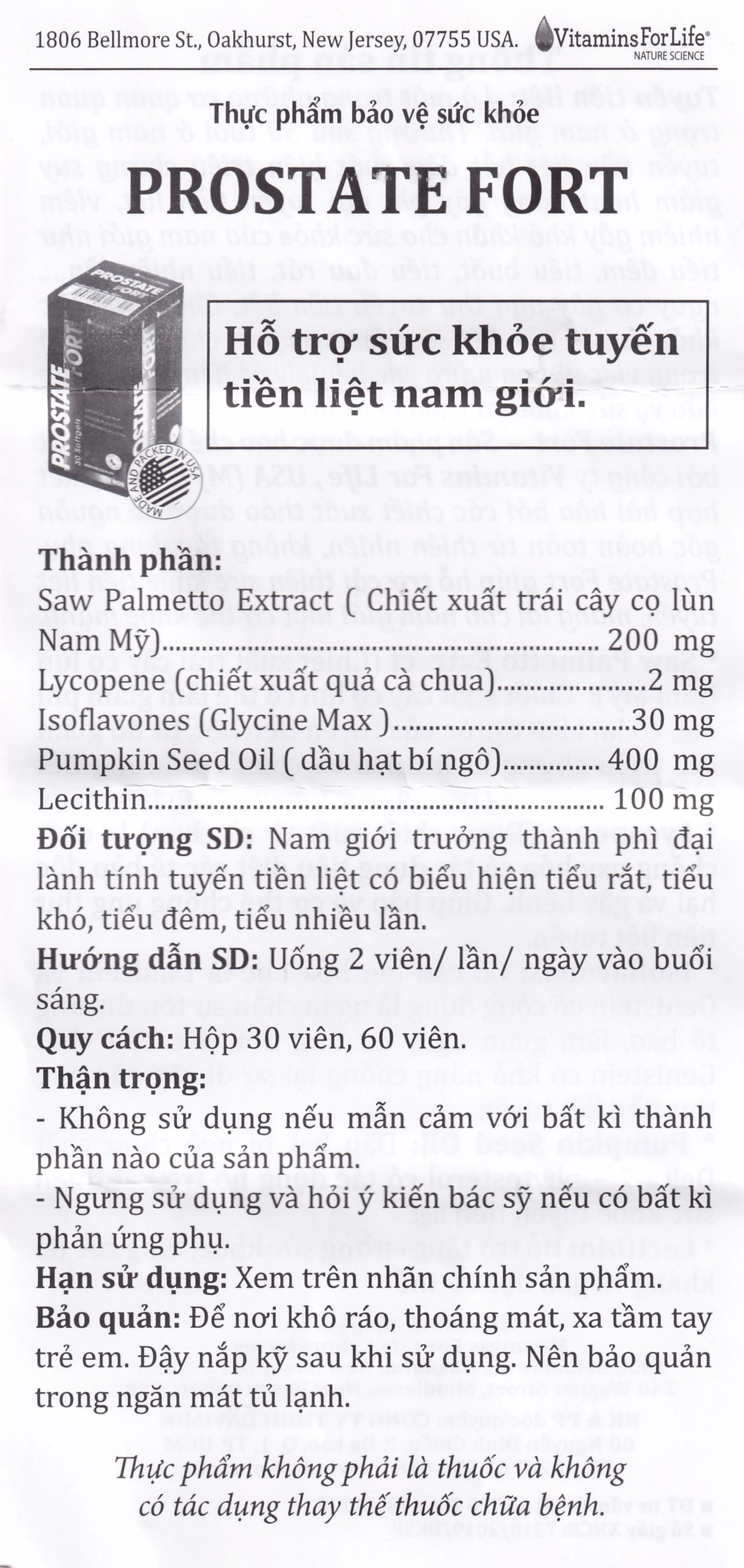 Viên uống hỗ trợ sức khỏe tuyến tiền liệt nam giới Prostate Fort Vitamins For Life (30 viên)