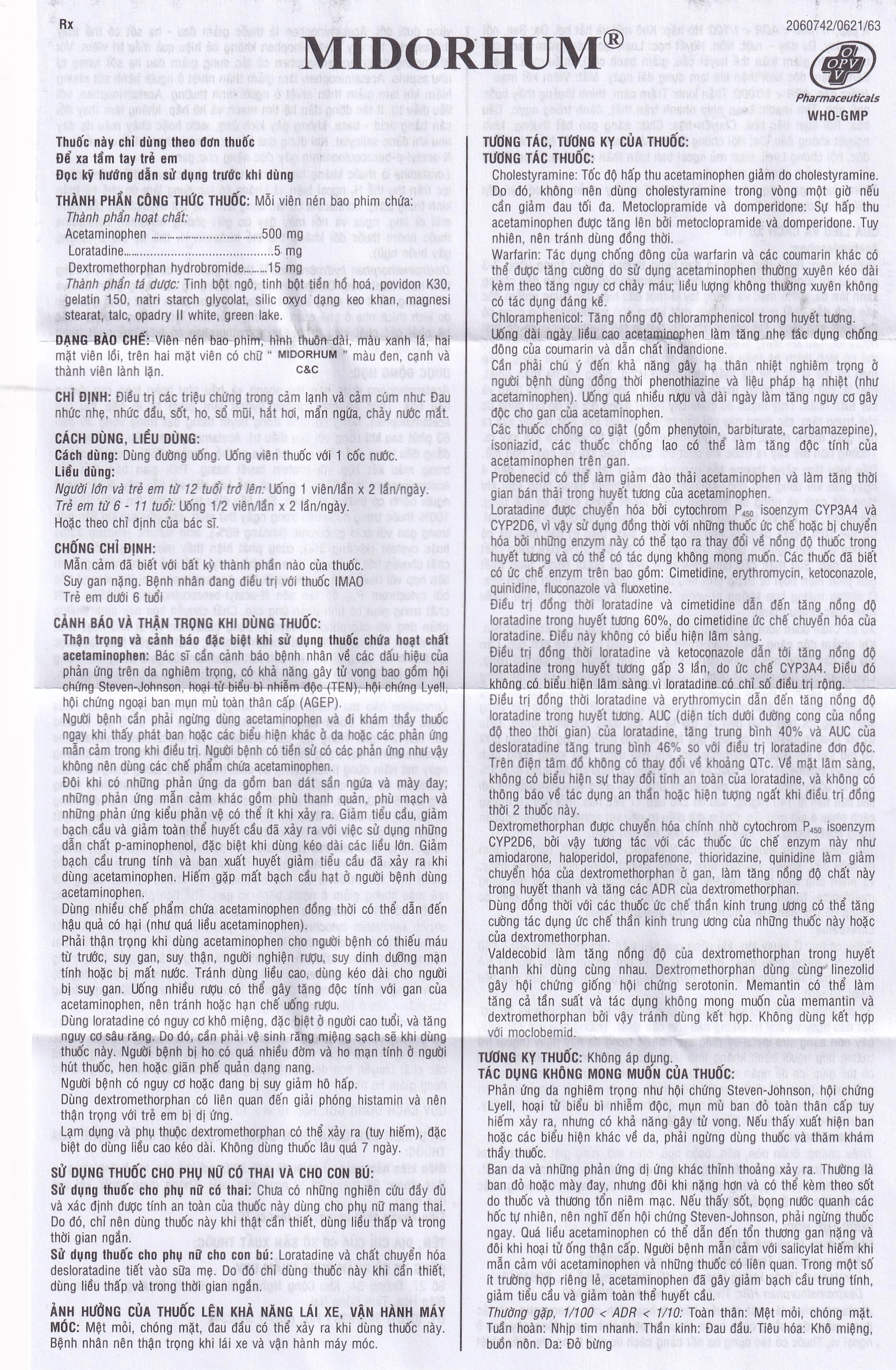 Viên nén Midorhum OPV hạ sốt, giảm ho, giảm đau, chống dị ứng (10 vỉ x 10 viên)