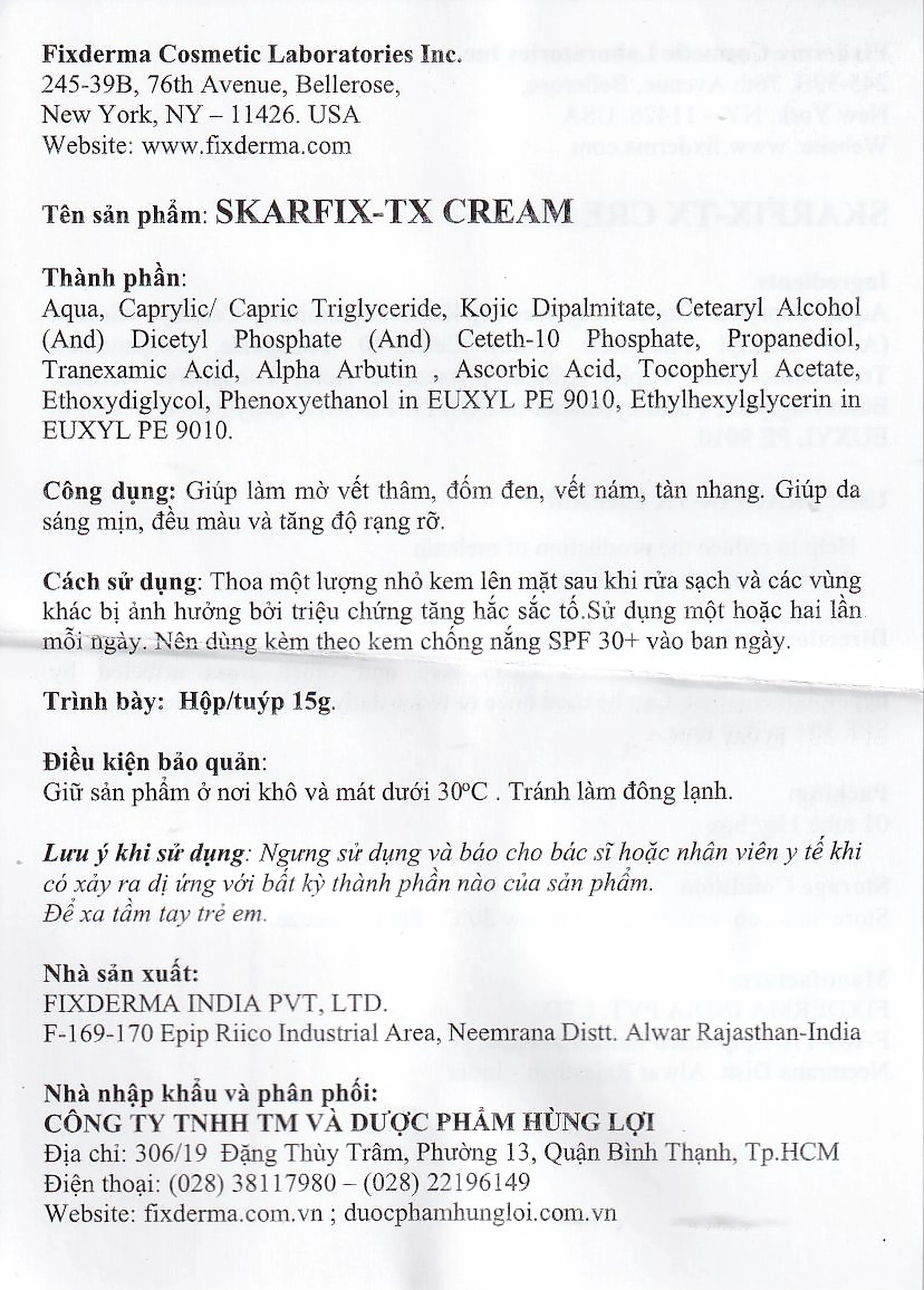 Kem bôi ngừa nám, tàn nhang Fixderma Skarfix TX cream 15g