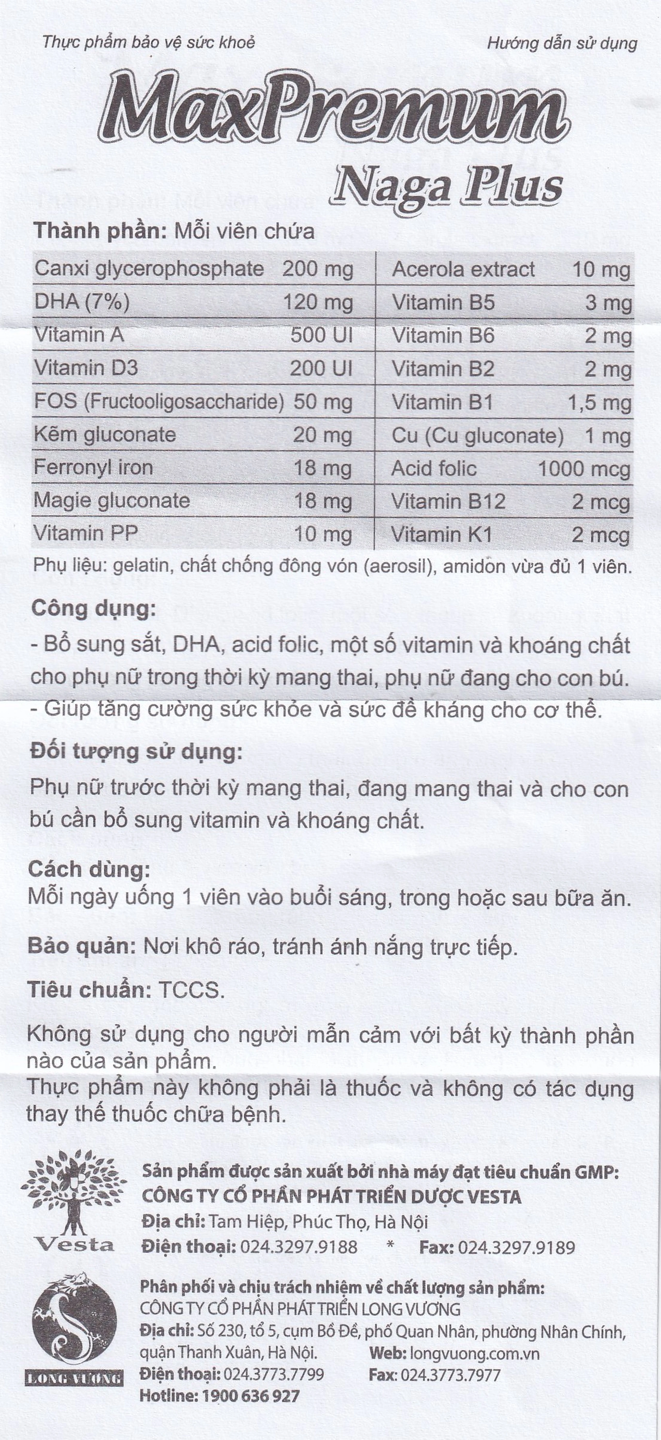 Viên uống bổ sung sắt, DHA, acid folic cho phụ nữ có thai và cho con bú MaxPremum Naga Plus Vesta (30 viên)