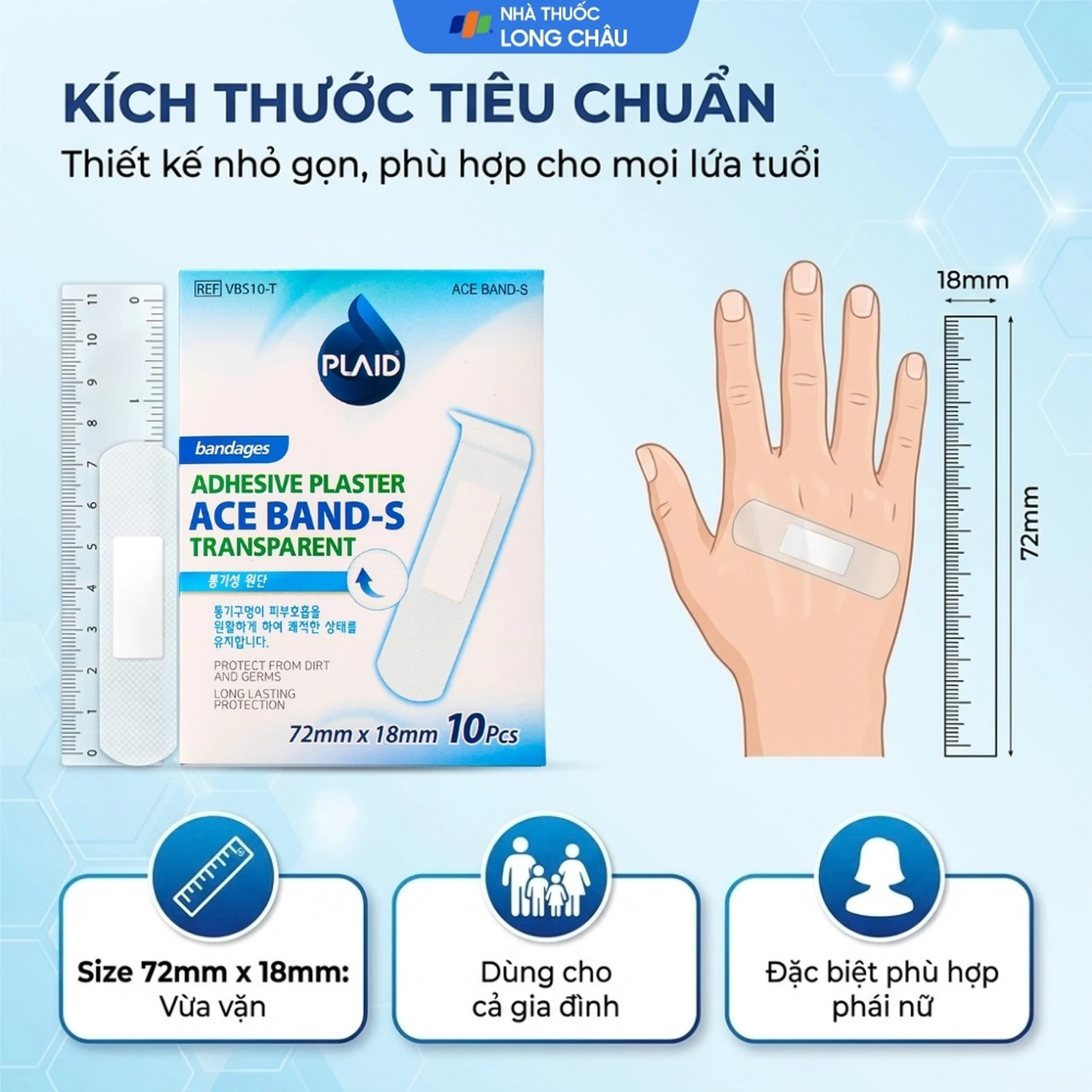 Băng cá nhân Plaid Ace Band-S 72x18mm (10 miếng) trong suốt Young Chemical 4