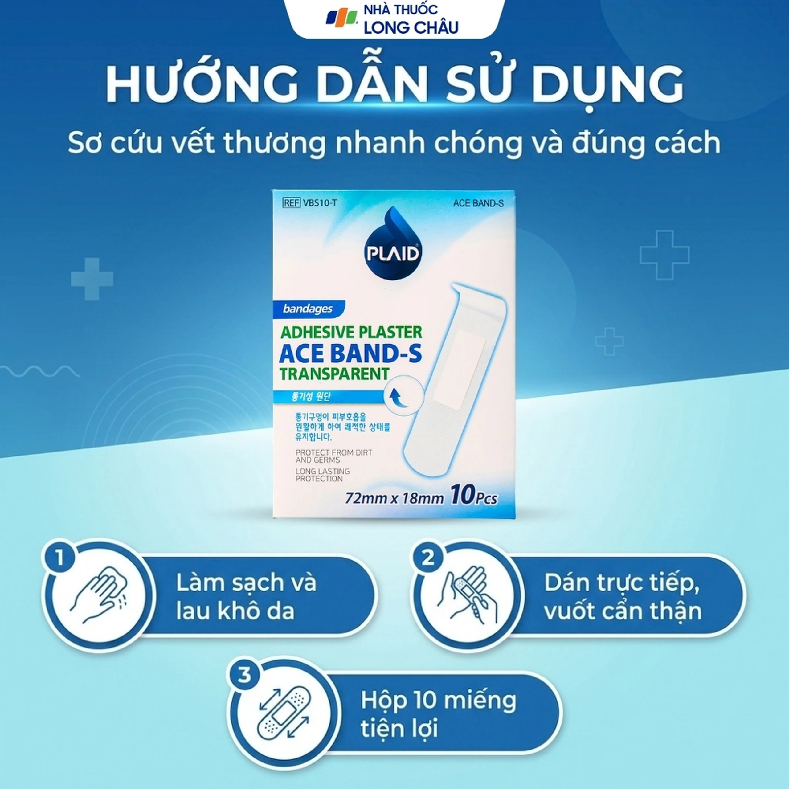 Băng cá nhân Plaid Ace Band-S 72x18mm (10 miếng) trong suốt Young Chemical 5