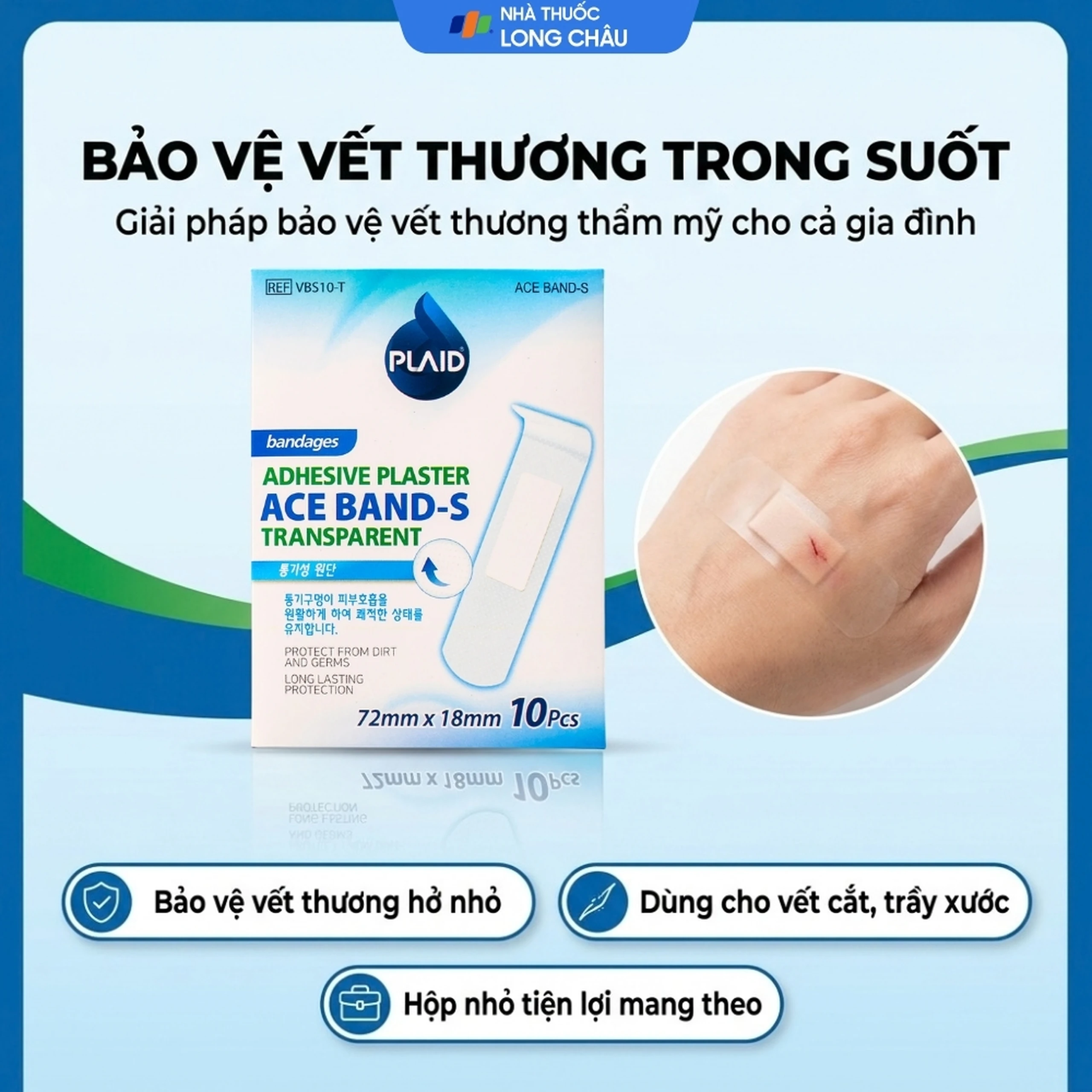 Băng cá nhân Plaid Ace Band-S 72x18mm (10 miếng) trong suốt Young Chemical 2