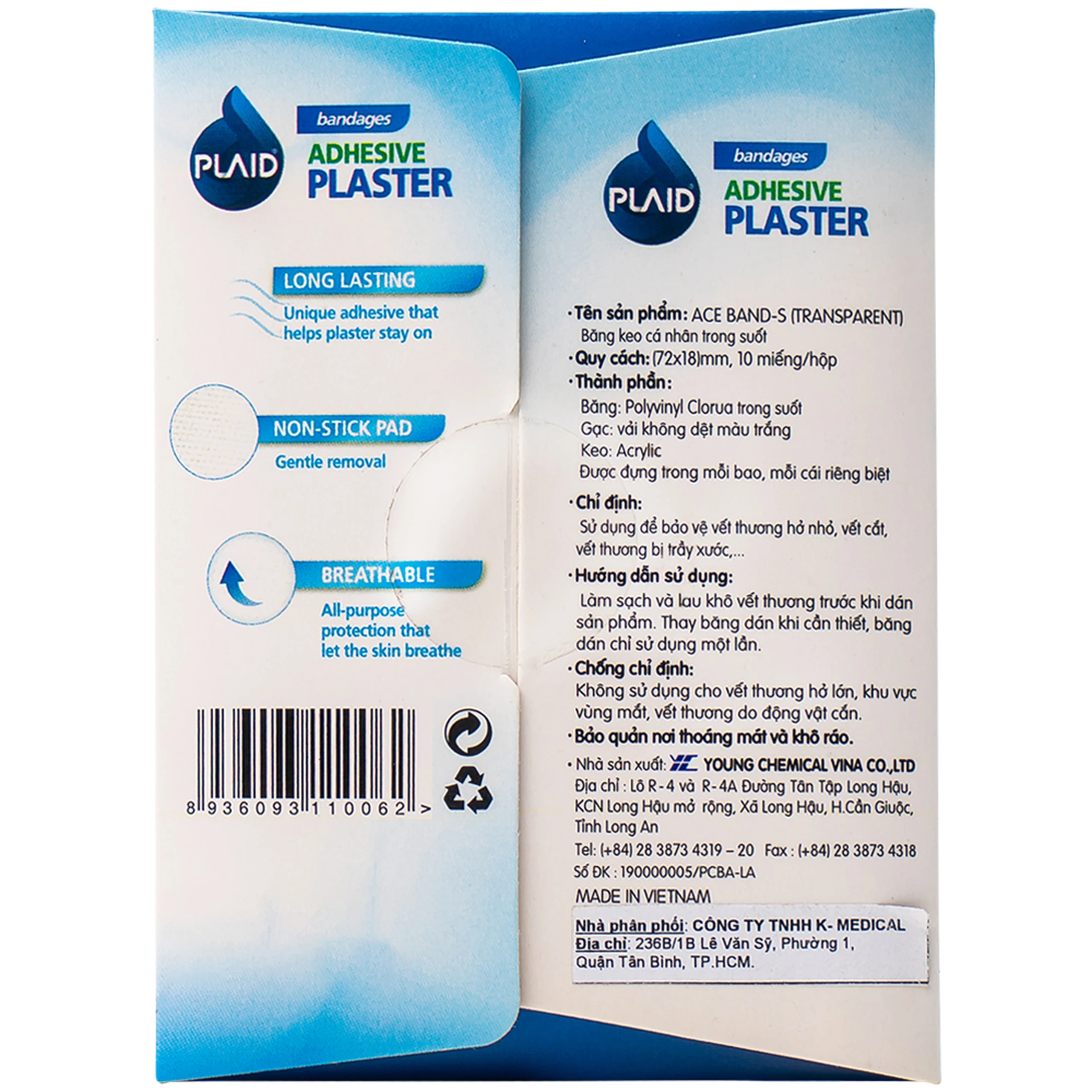 Băng cá nhân Plaid Ace Band-S 72x18mm (10 miếng) trong suốt Young Chemical