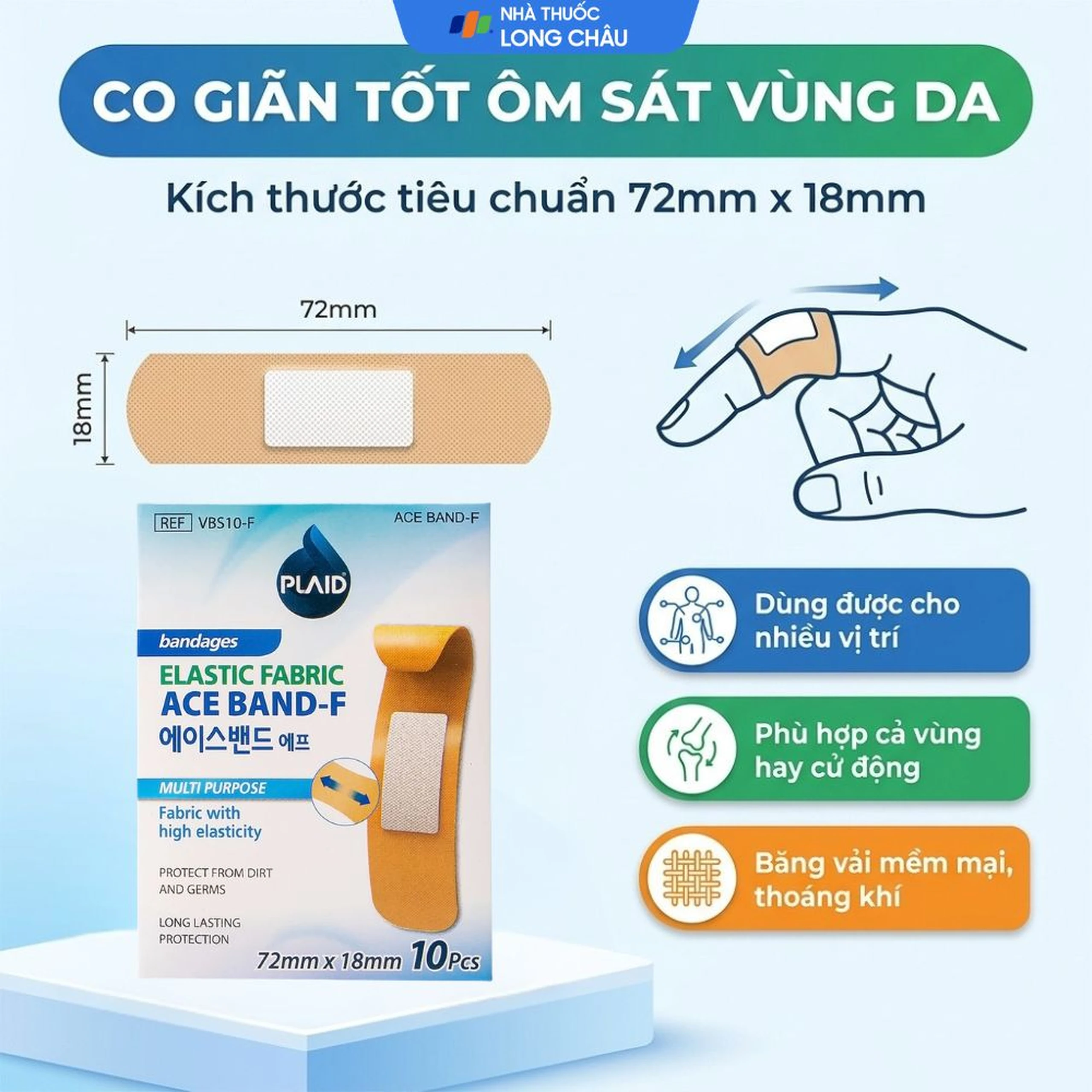 Băng cá nhân vải Plaid Ace Band-F 7.2x1.8cm (10 miếng) Young Chemical 4