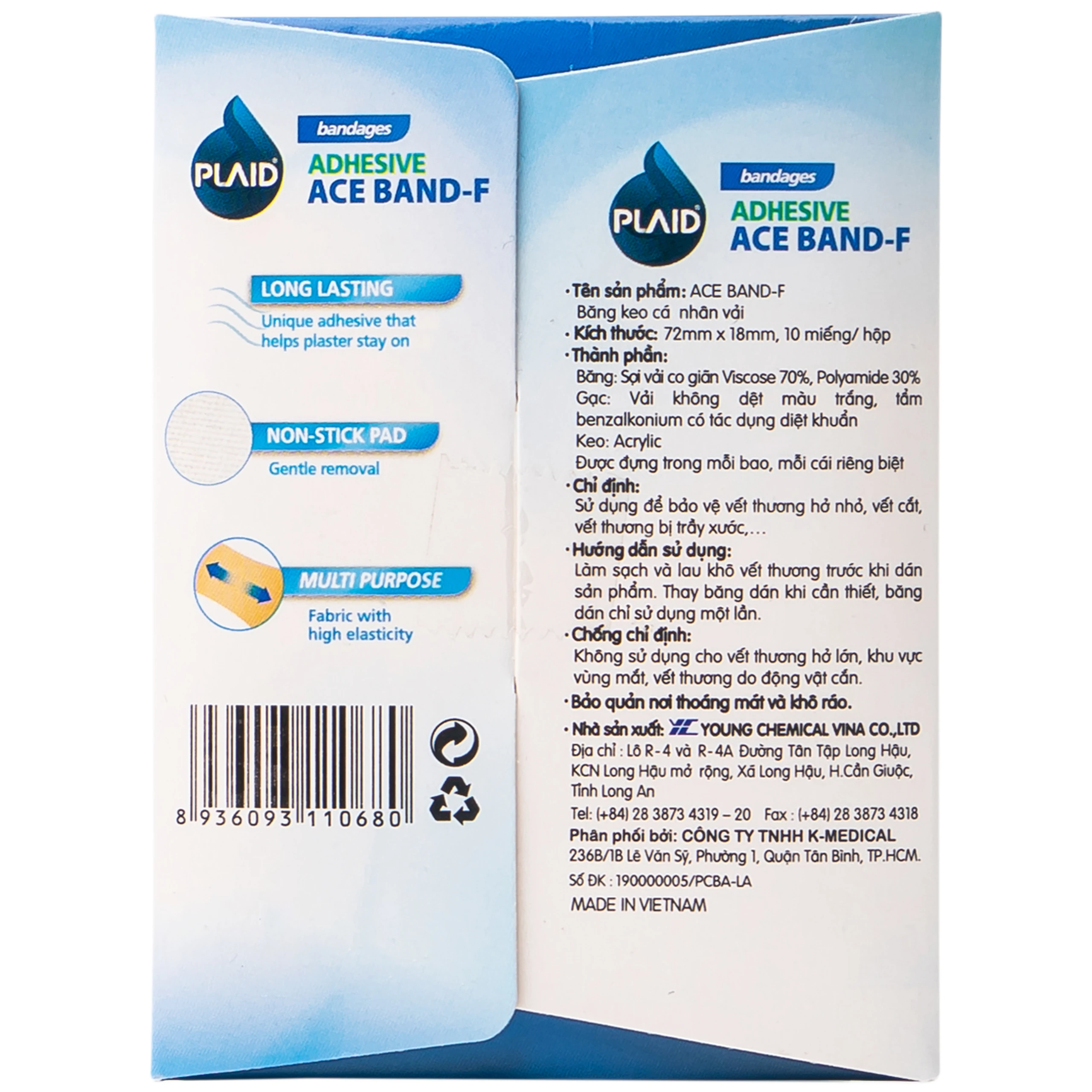 Băng cá nhân vải Plaid Ace Band-F 7.2x1.8cm (10 miếng) Young Chemical